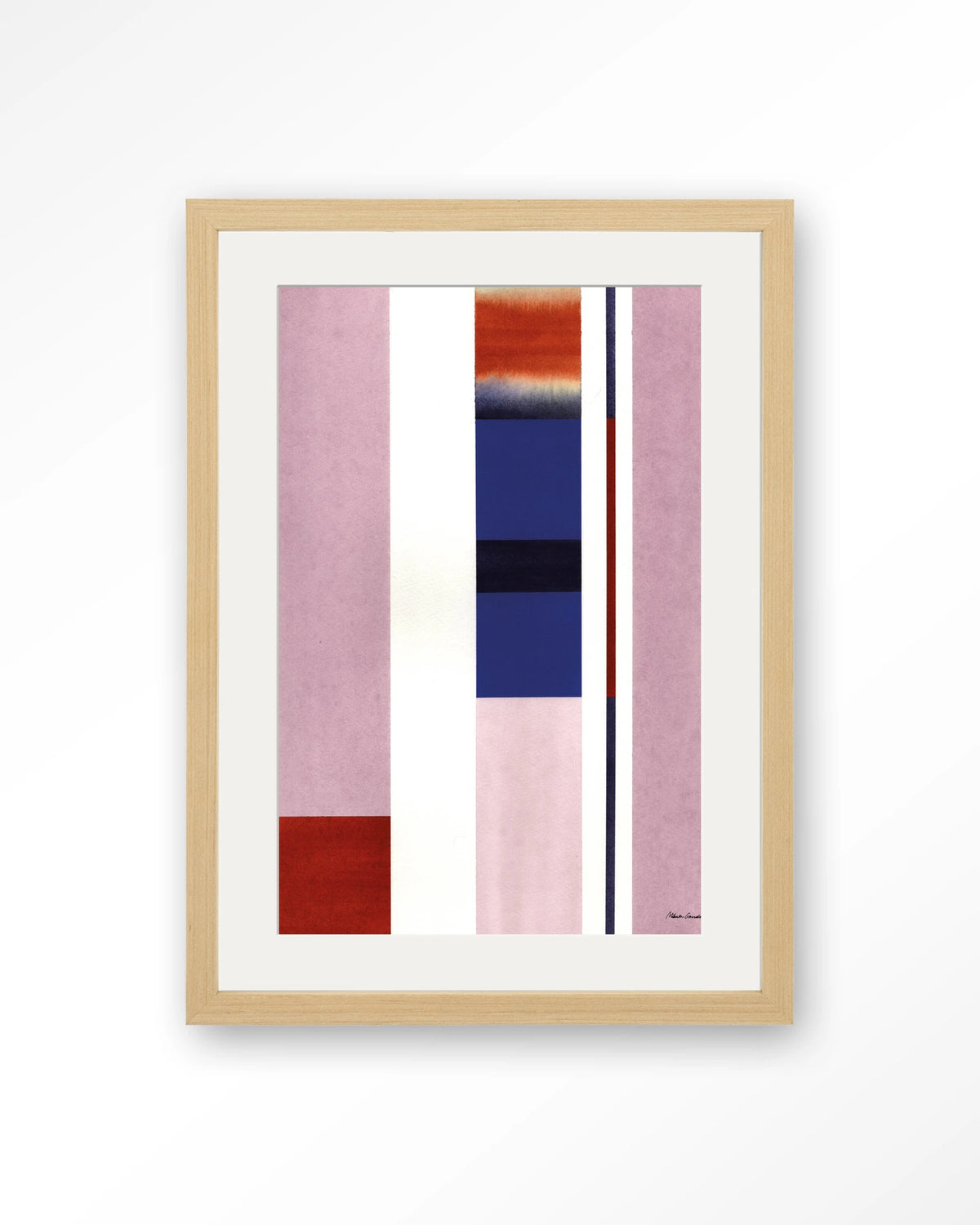 Vertical Lilac – abstract in roze en blauw met strepen – Art print – Hout naturel + passe-partout