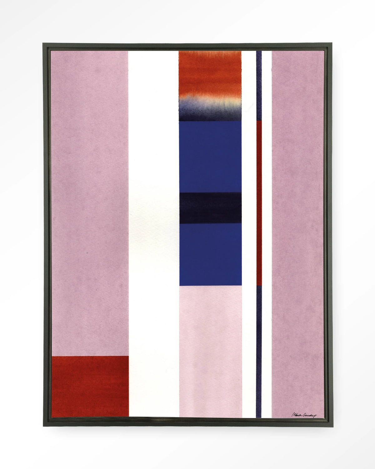 Vertical Lilac – abstract in roze en blauw met strepen – Wandkleed – Floating frame – zwart