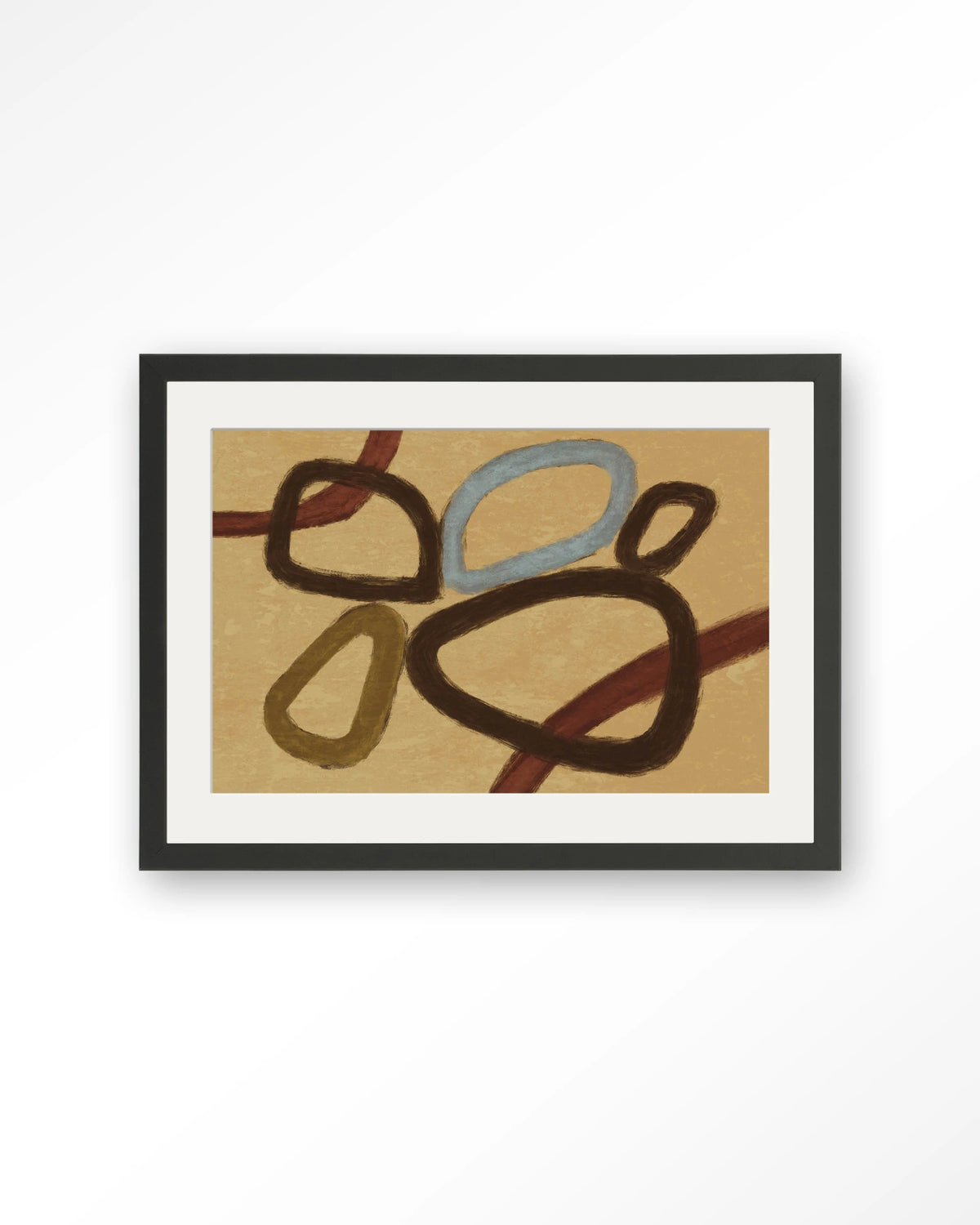 Ring Of Abstraction Yellow – abstracte ringen op beige – Art print – Hout zwart + passe-partout