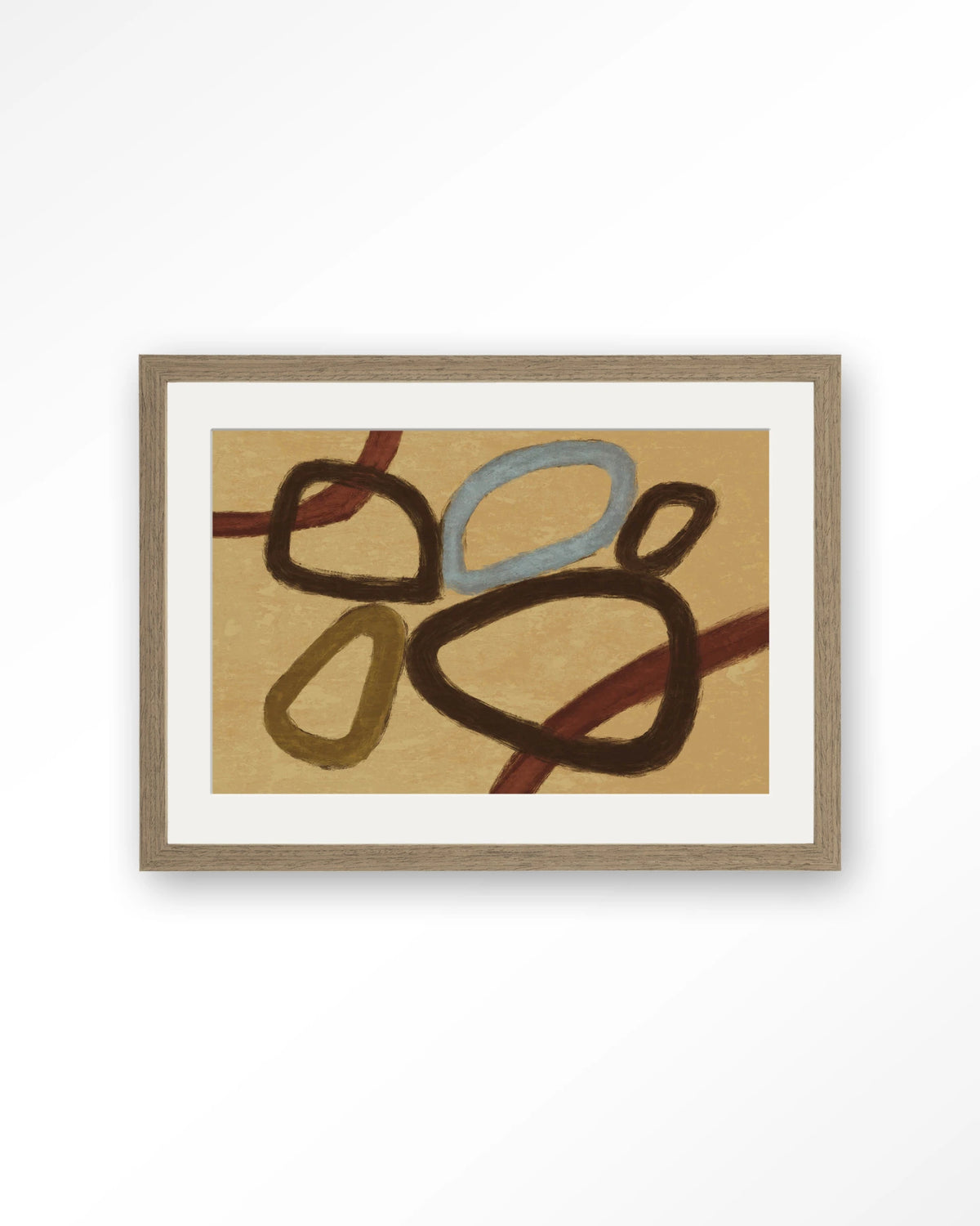 Ring Of Abstraction Yellow – abstracte ringen op beige – Art print – Hout bruin + passe-partout