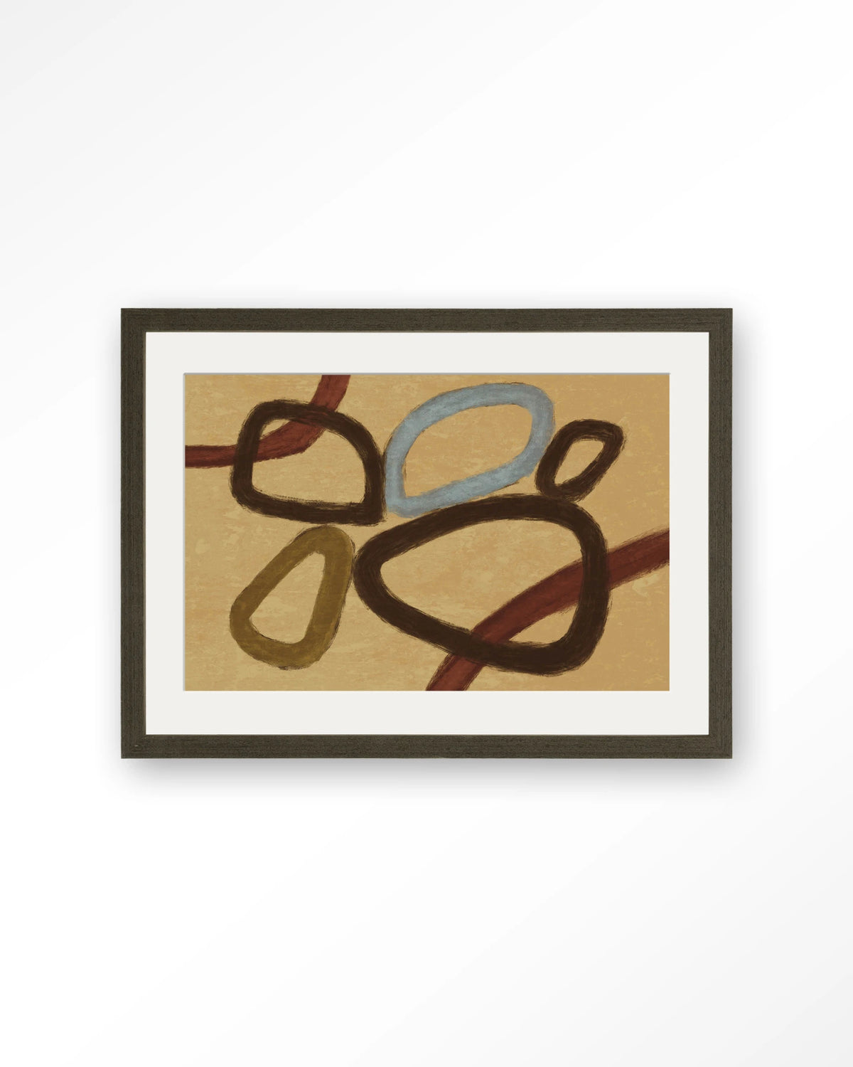 Ring Of Abstraction Yellow – abstracte ringen op beige – Art print – Hout donkerbruin + passe-partout