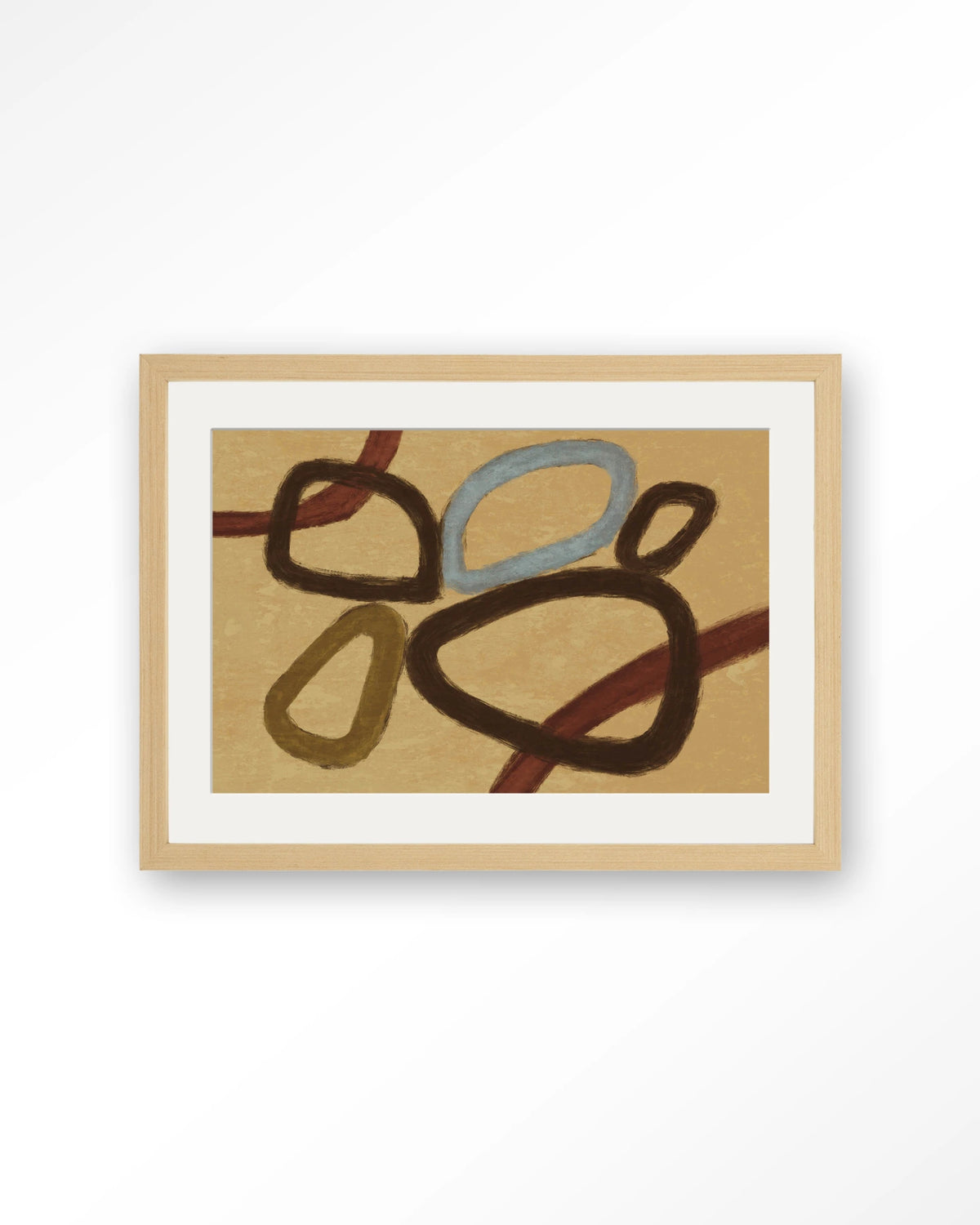 Ring Of Abstraction Yellow – abstracte ringen op beige – Art print – Hout naturel + passe-partout