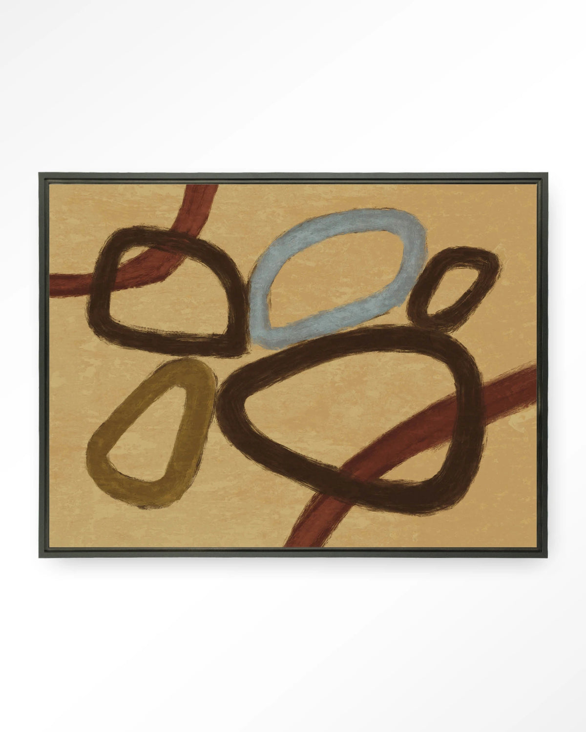 Ring Of Abstraction Yellow – abstracte ringen op beige – Wandkleed – Floating frame – zwart