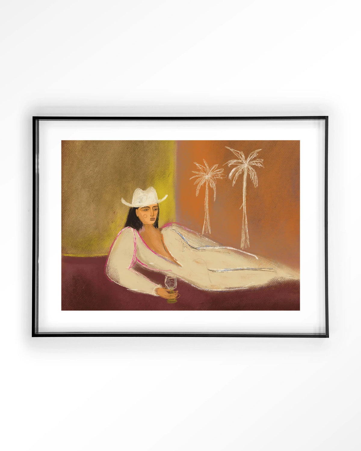 Relaxing Day – vrouw met hoed liggend bij palmbomen – Art print – Acryl zwart