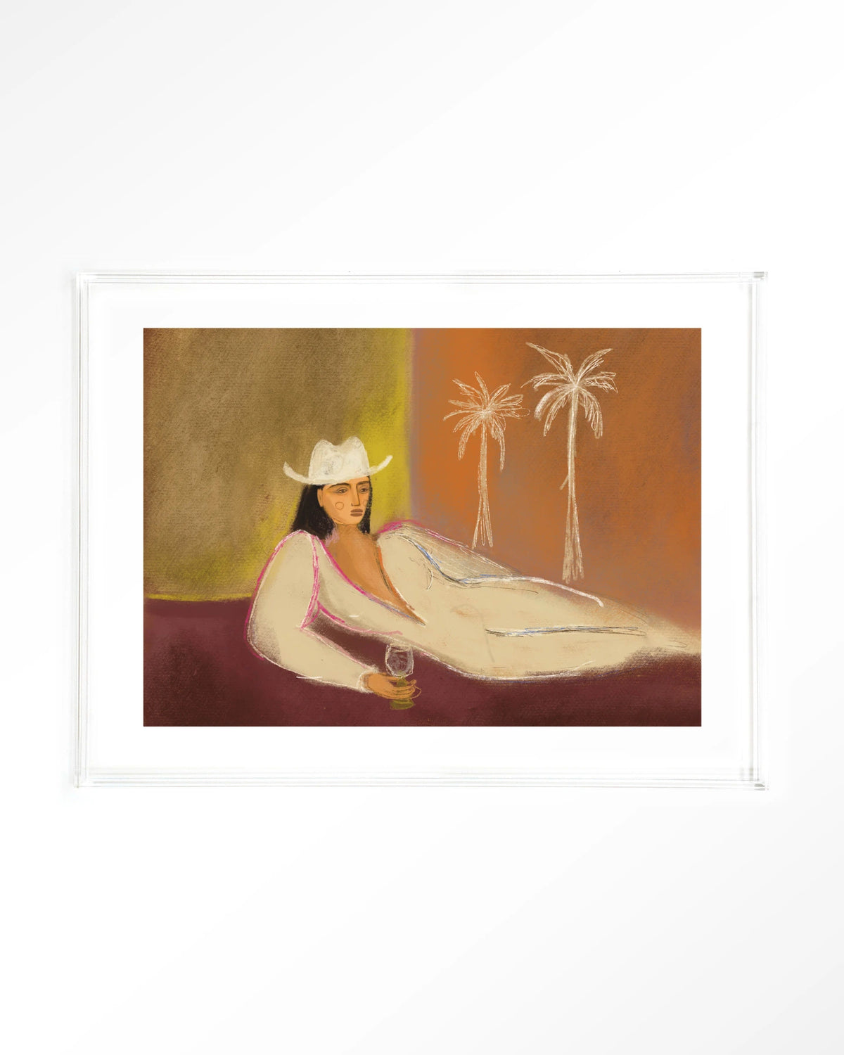 Relaxing Day – vrouw met hoed liggend bij palmbomen – Art print – Acryl doorzichtig