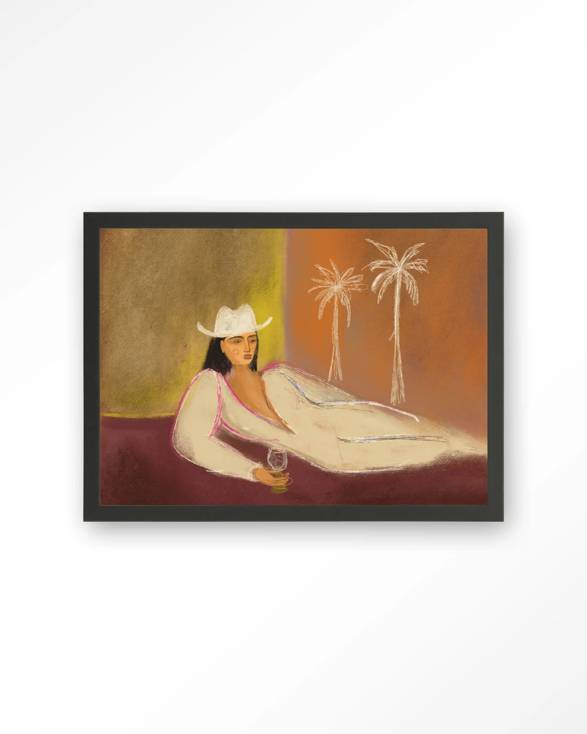 Relaxing Day – vrouw met hoed liggend bij palmbomen – Art print – Hout zwart