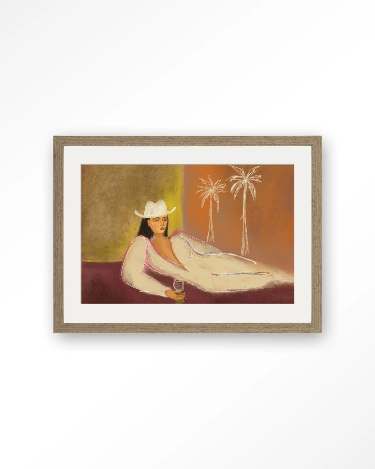 Relaxing Day – vrouw met hoed liggend bij palmbomen – Art print – Hout bruin + passe-partout