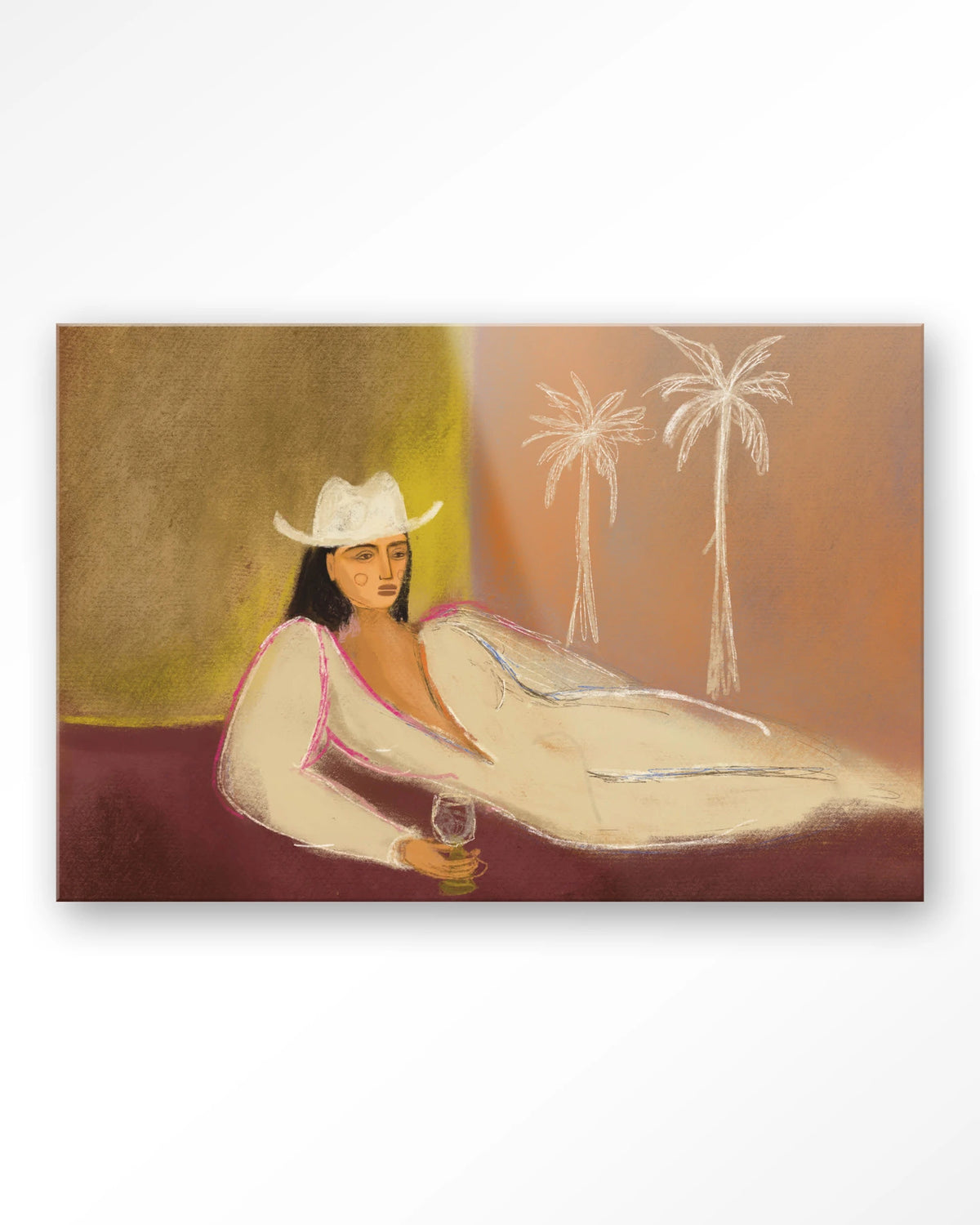 Relaxing Day – vrouw met hoed liggend bij palmbomen – Glas – Blinde montage