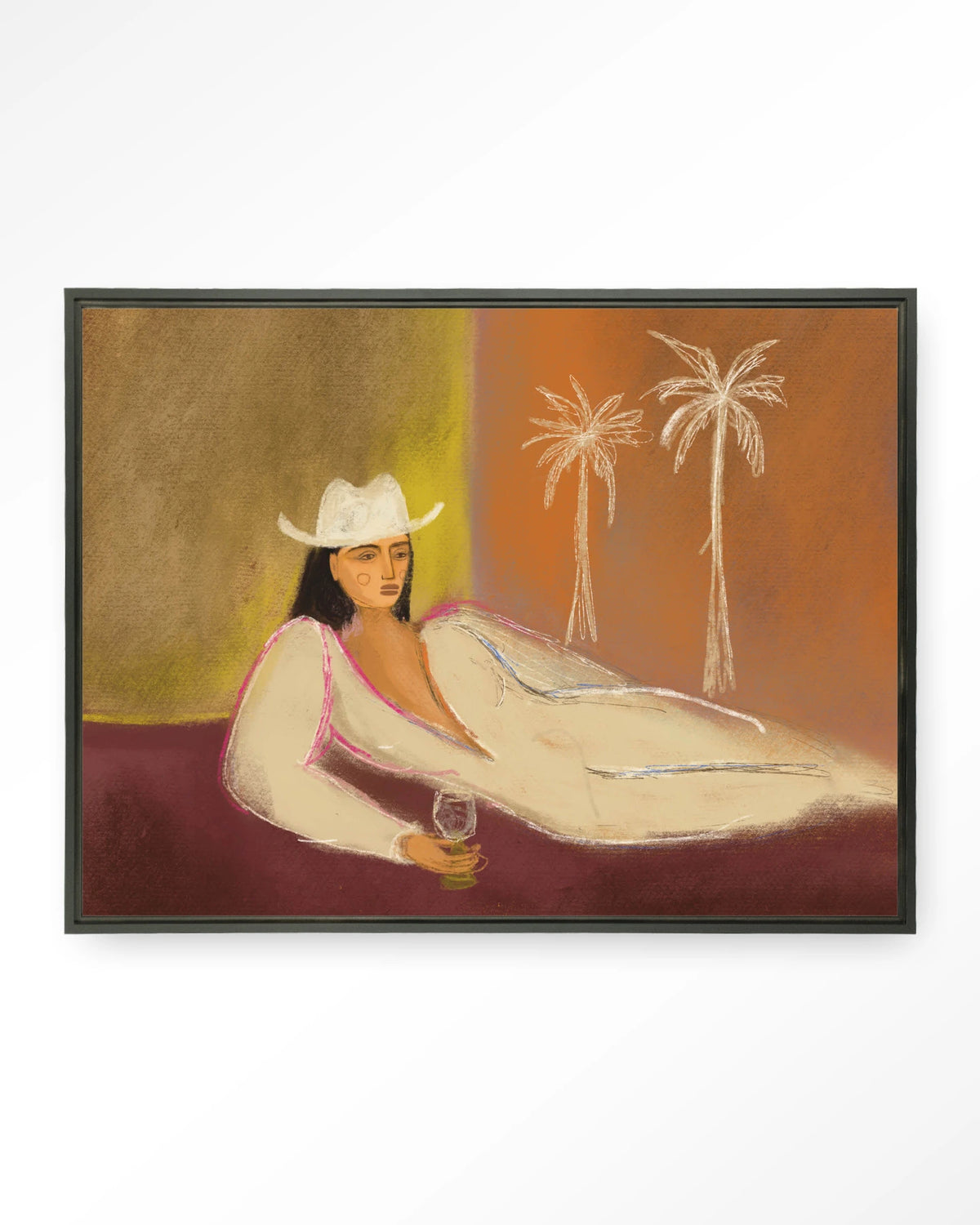Relaxing Day – vrouw met hoed liggend bij palmbomen – Wandkleed – Floating frame – zwart