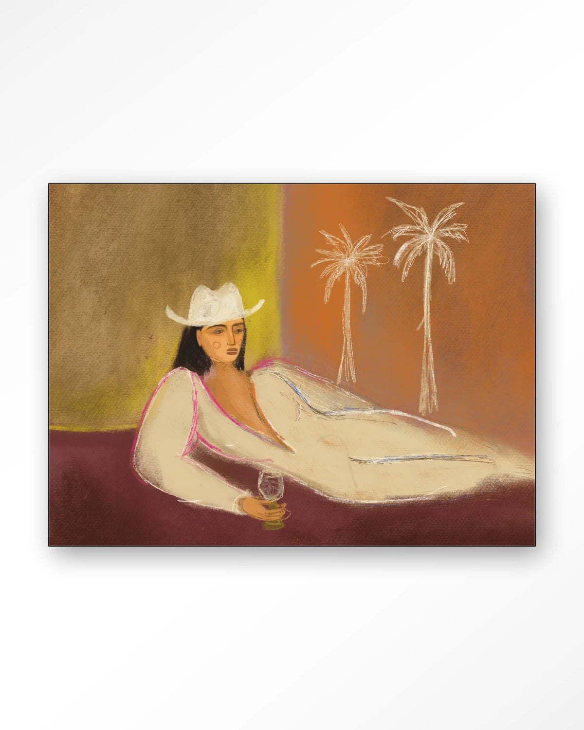 Relaxing Day – vrouw met hoed liggend bij palmbomen – Wandkleed – Frame – zwart