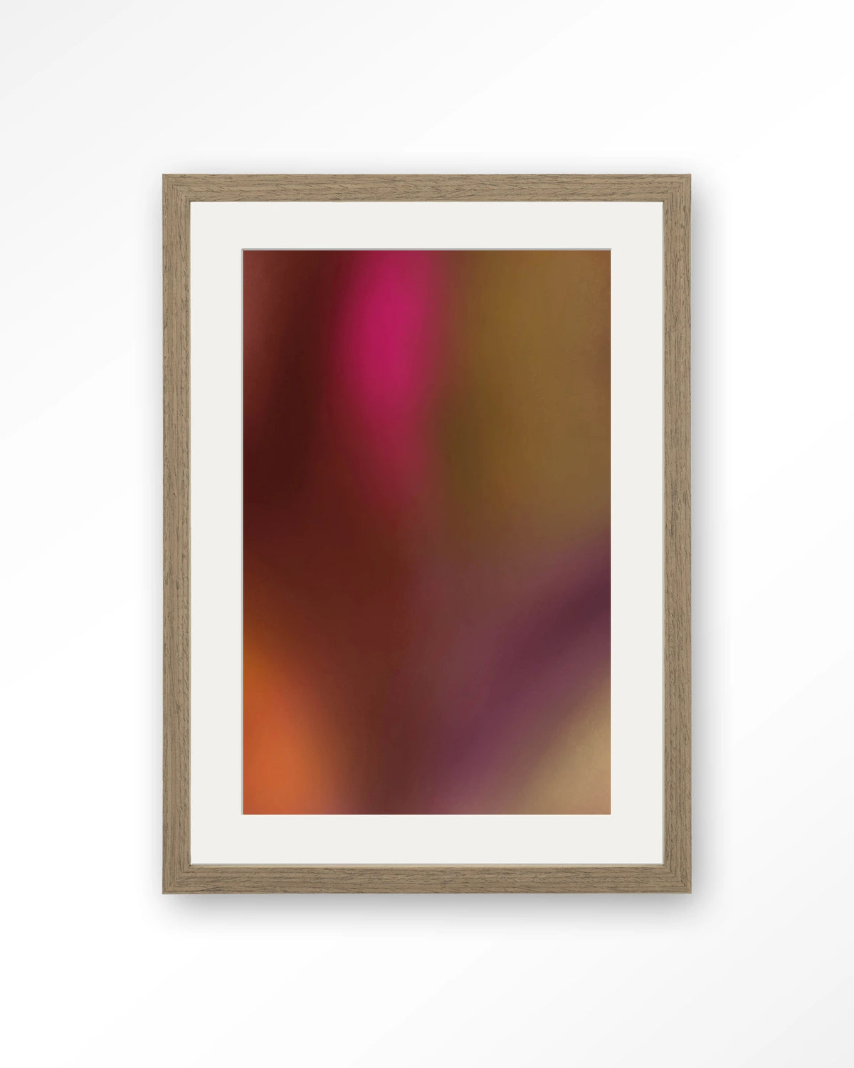 Aurora 2 – kleurverloop in rood en roze – Art print – Hout bruin + passe-partout