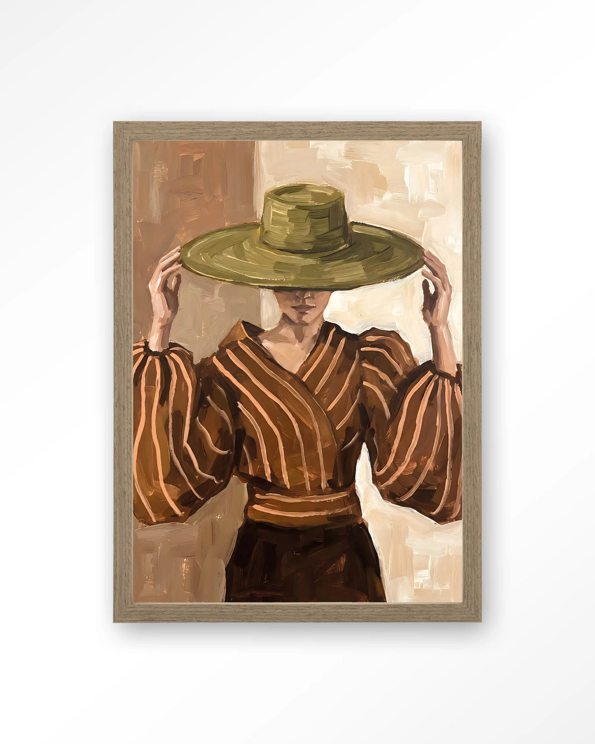 Francesca – vrouw met strohoed – Art print – Hout bruin