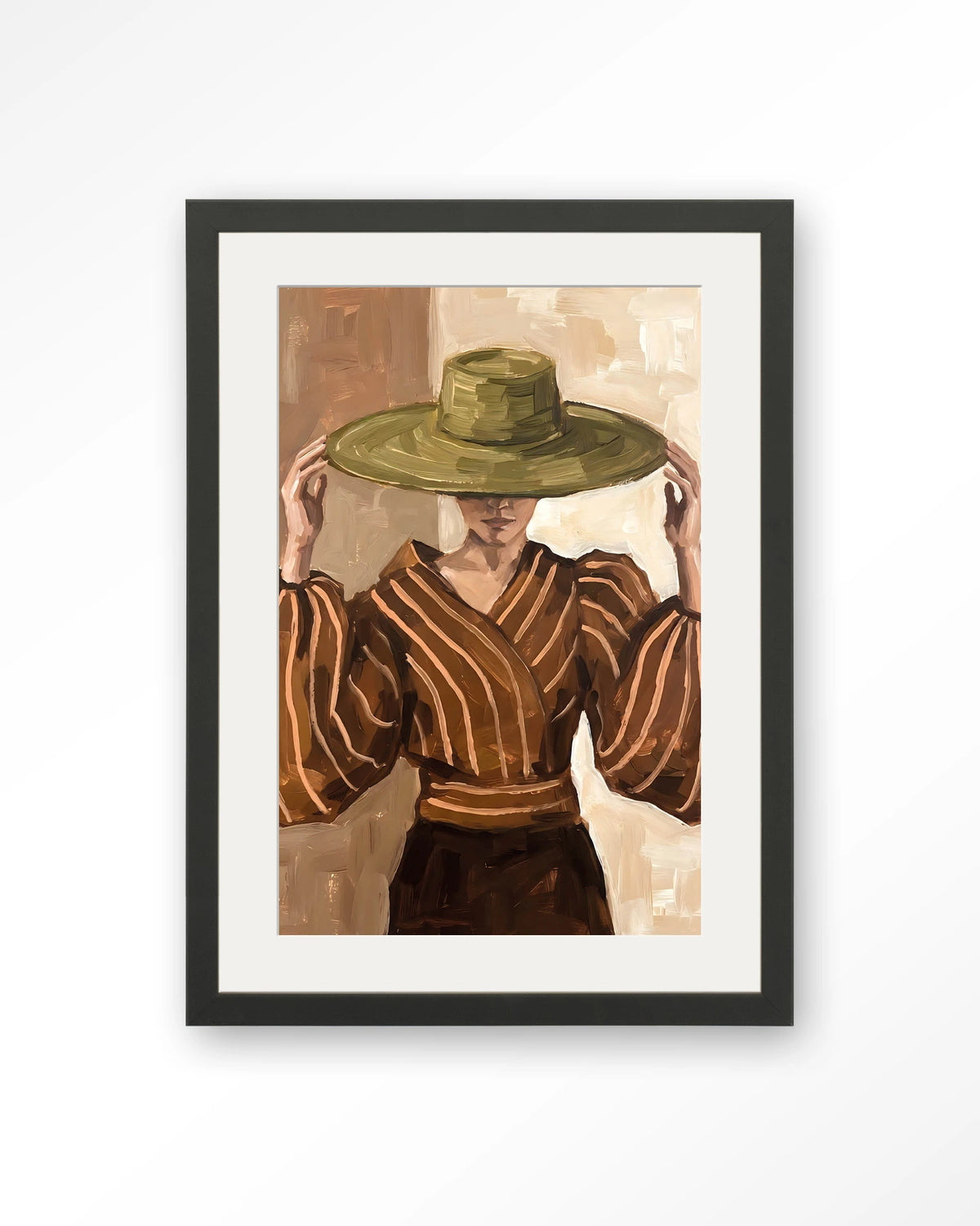 Francesca – vrouw met strohoed – Art print – Hout zwart + passe-partout