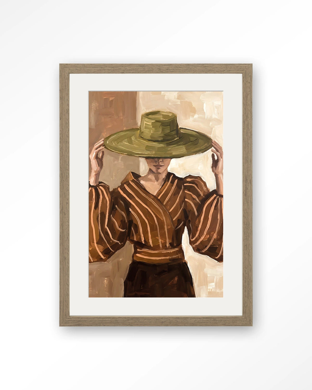Francesca – vrouw met strohoed – Art print – Hout bruin + passe-partout
