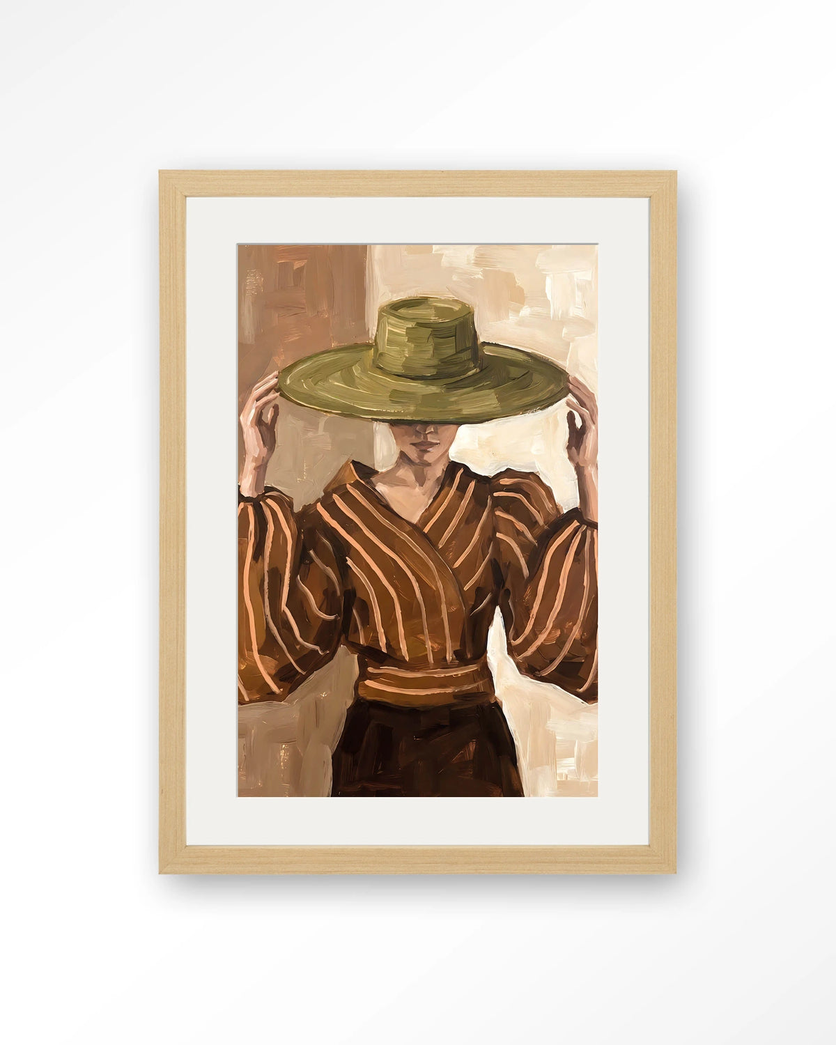 Francesca – vrouw met strohoed – Art print – Hout naturel + passe-partout