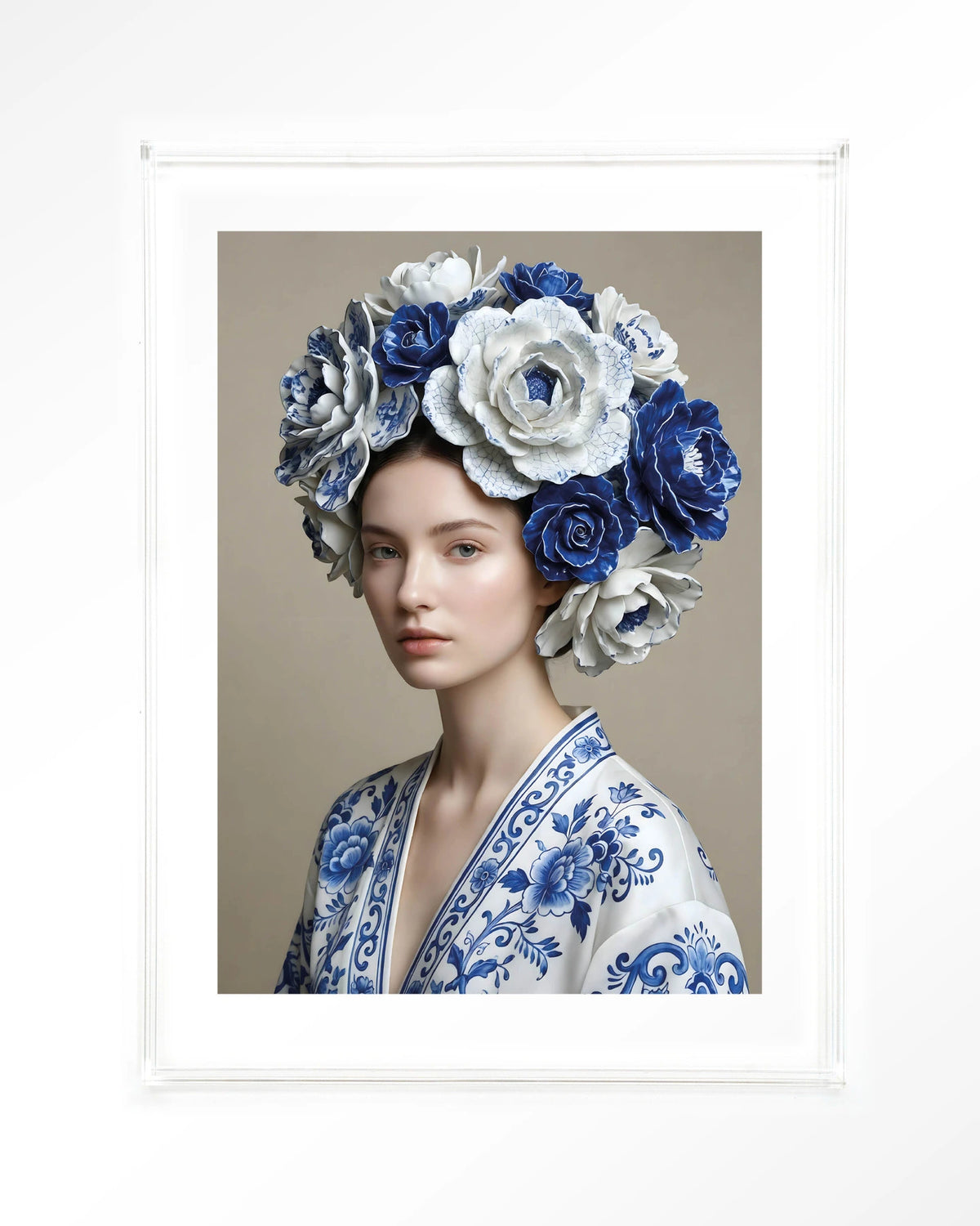 Royal Blue – vrouw met blauwe bloemenkrans – Art print – Acryl doorzichtig