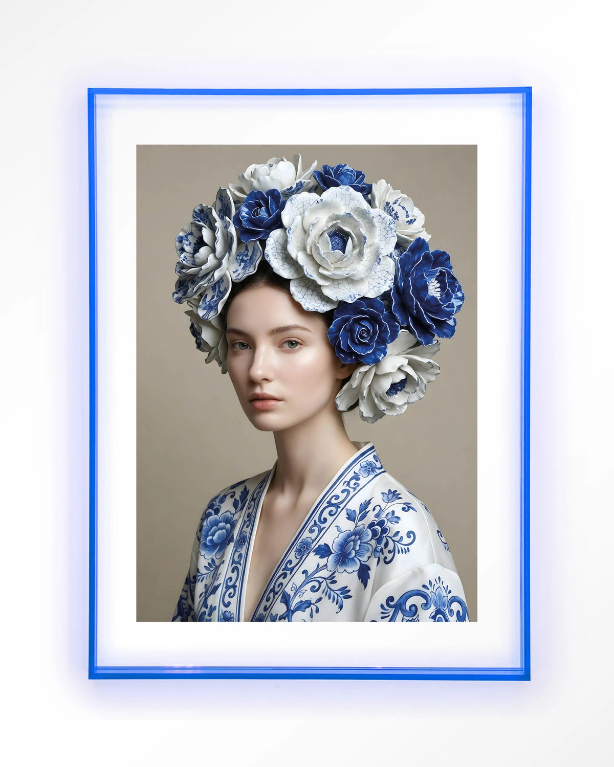 Royal Blue – vrouw met blauwe bloemenkrans – Art print – Acryl lichtblauw