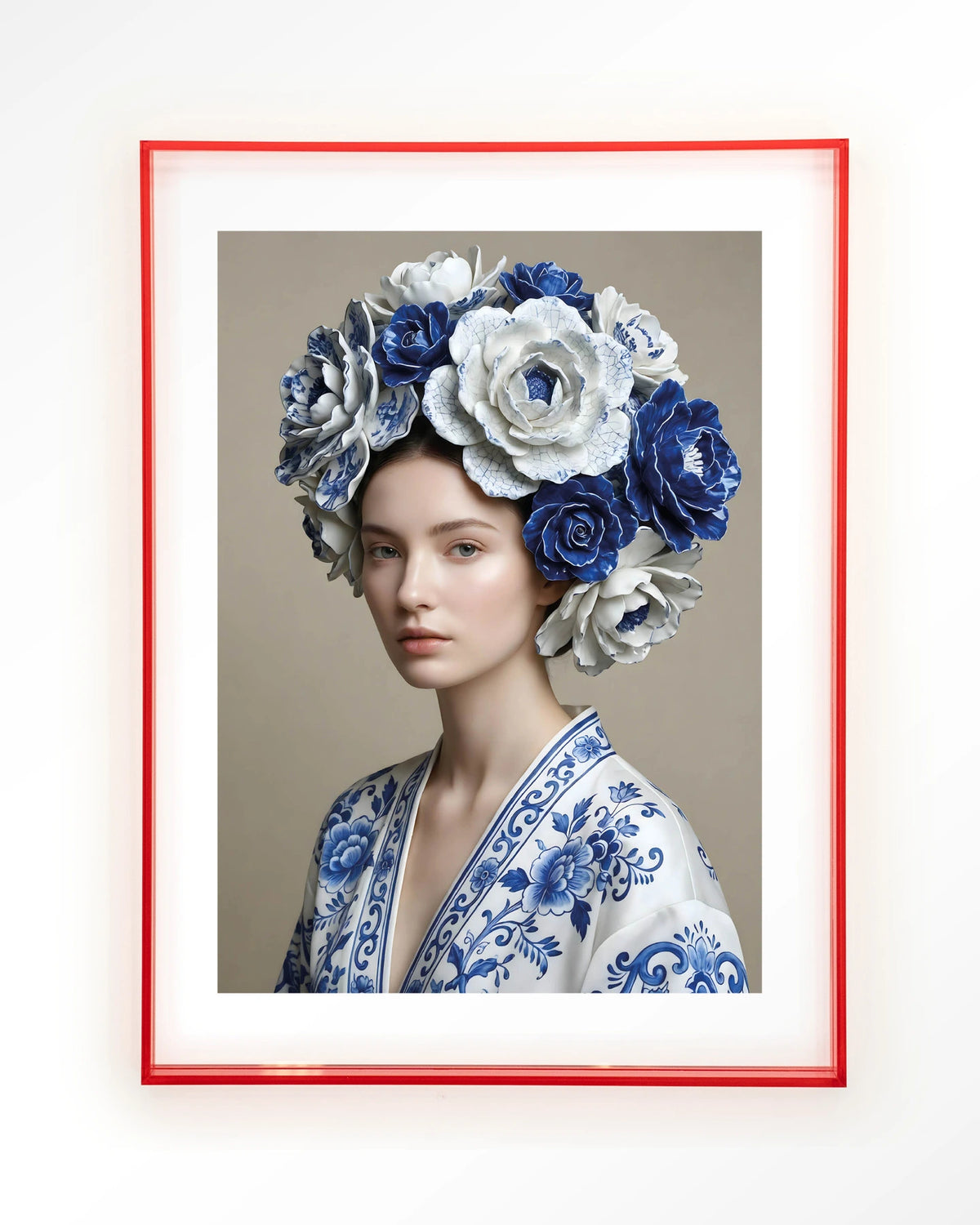 Royal Blue – vrouw met blauwe bloemenkrans – Art print – Acryl roze