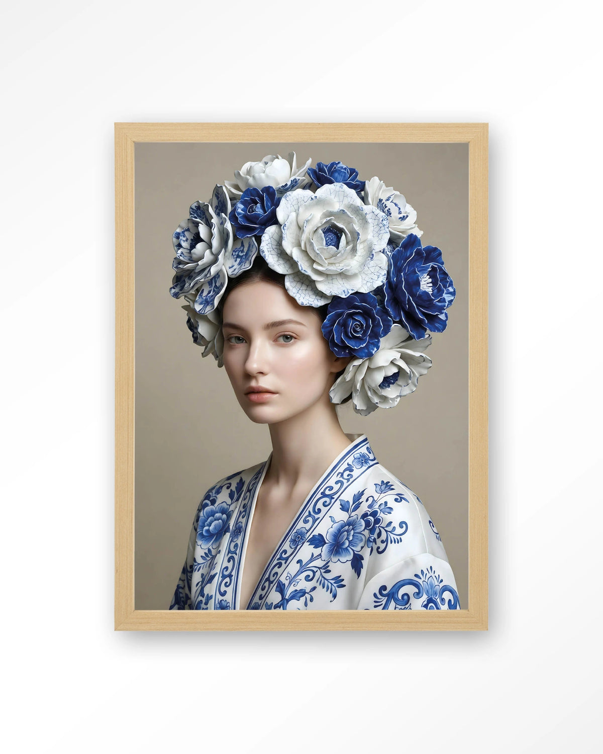 Royal Blue – vrouw met blauwe bloemenkrans – Art print – Hout naturel