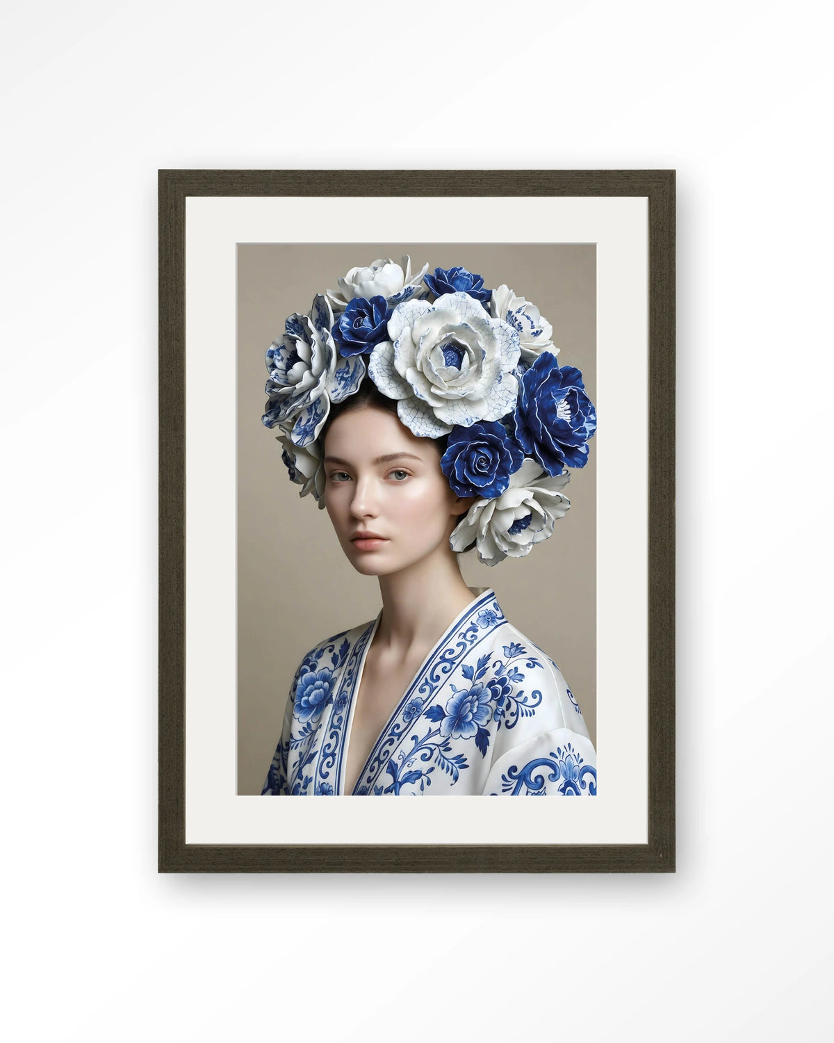 Royal Blue – vrouw met blauwe bloemenkrans – Art print – Hout donkerbruin + passe-partout