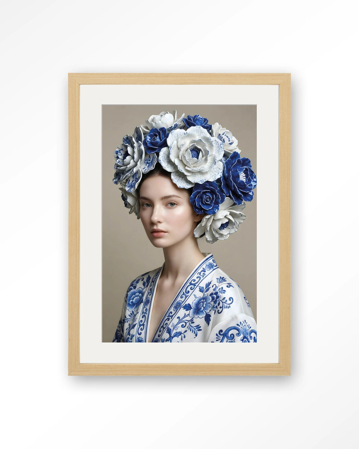 Royal Blue – vrouw met blauwe bloemenkrans – Art print – Hout naturel + passe-partout