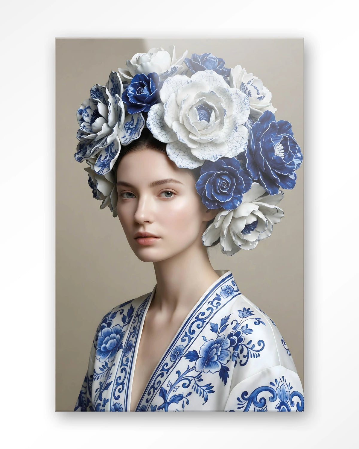 Royal Blue – vrouw met blauwe bloemenkrans – Glas – Blinde montage