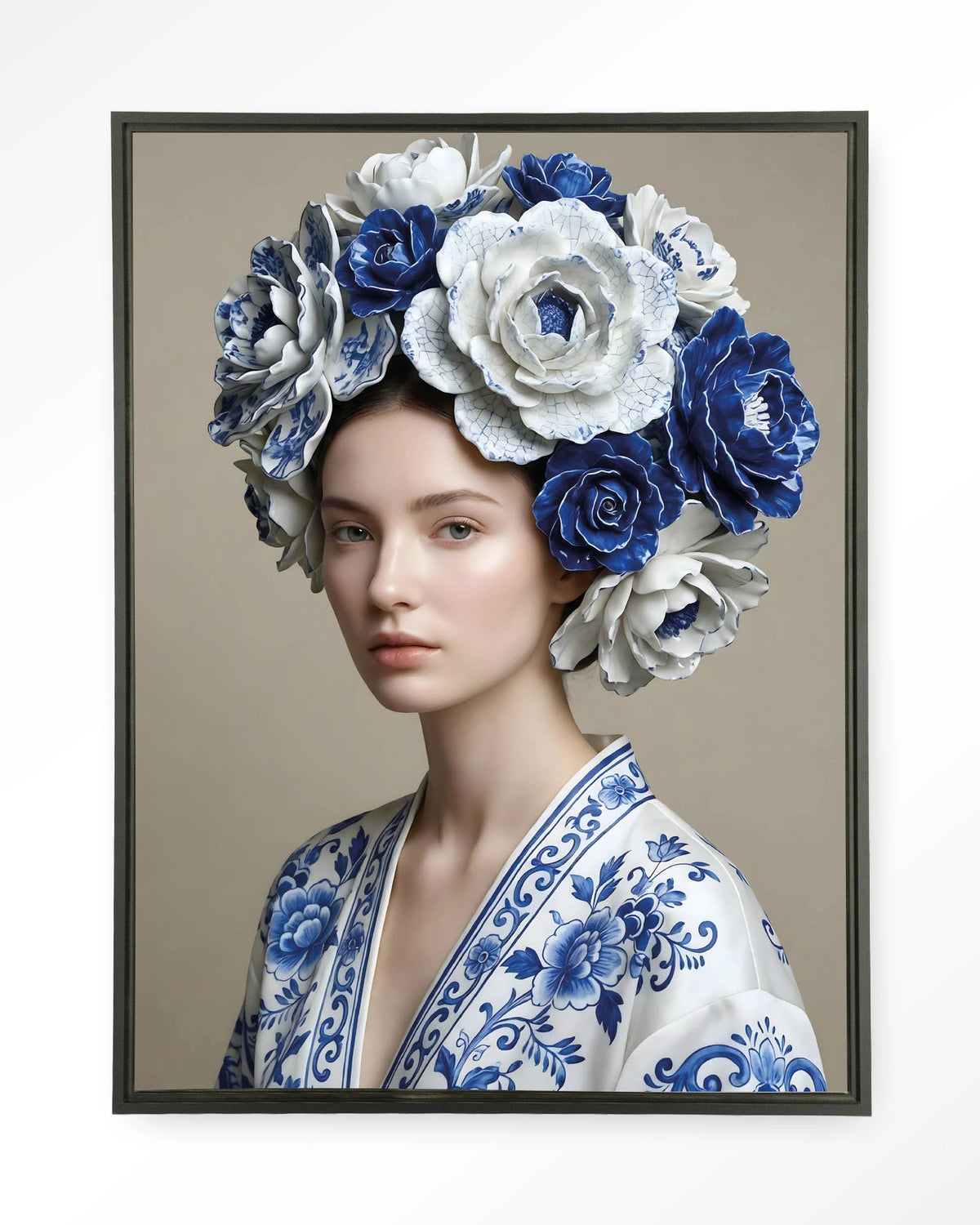 Royal Blue – vrouw met blauwe bloemenkrans – Wandkleed – Floating frame – zwart