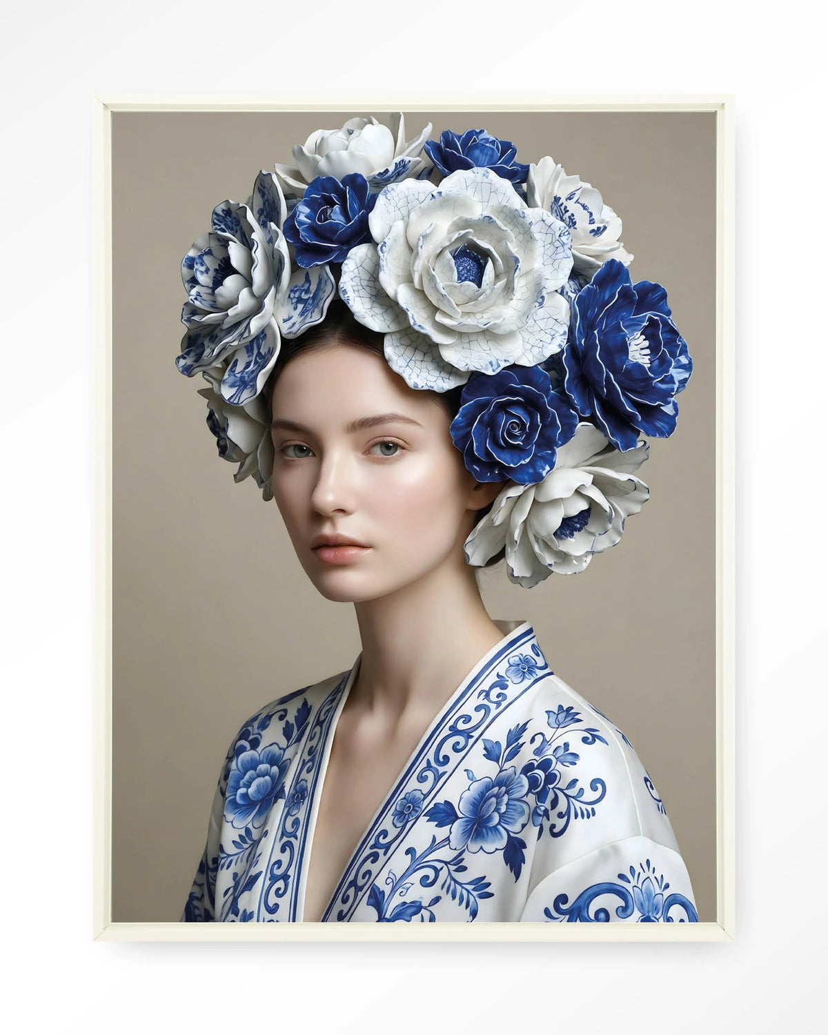 Royal Blue – vrouw met blauwe bloemenkrans – Wandkleed – Floating frame – wit