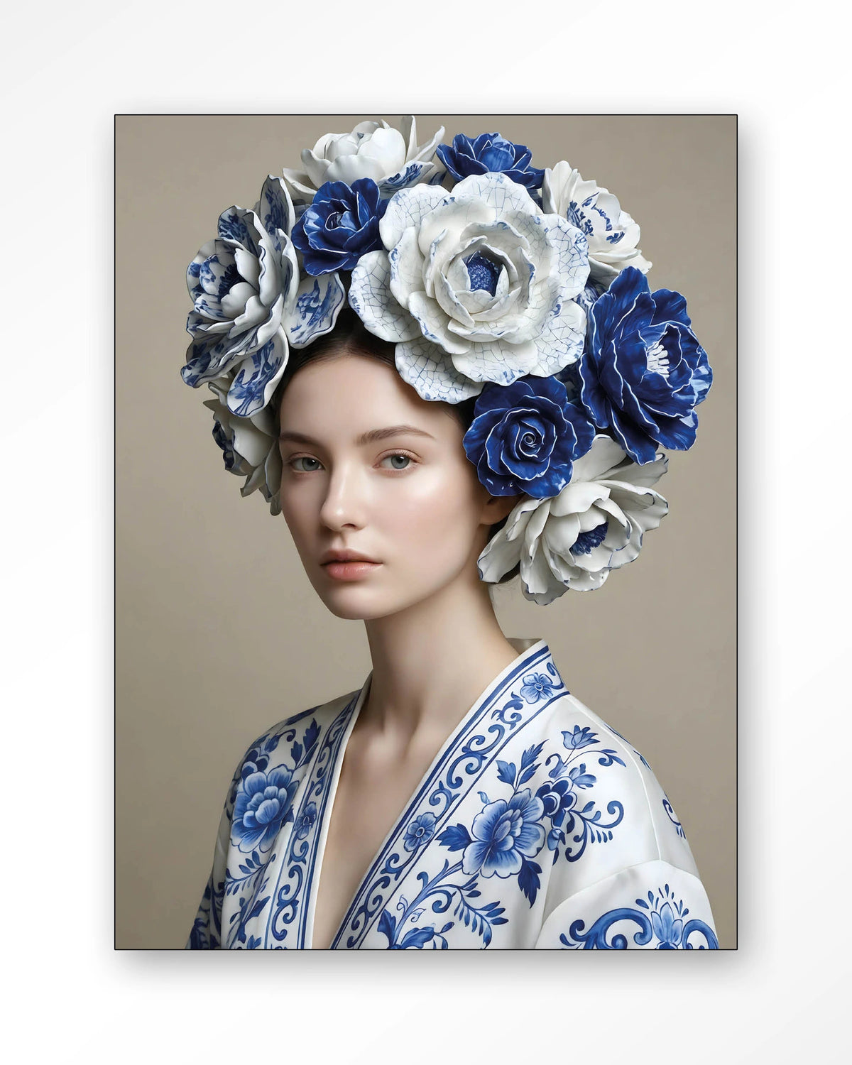 Royal Blue – vrouw met blauwe bloemenkrans – Wandkleed – Frame – zwart