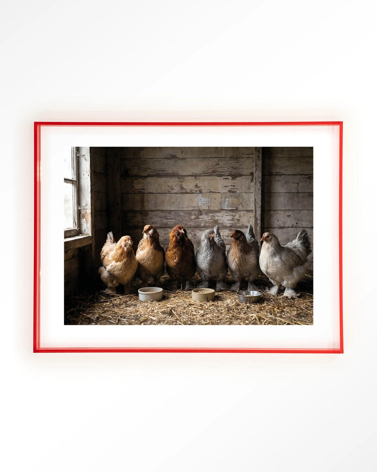 The Chicken Barn – kippen in schuur – Art print – Acryl roze