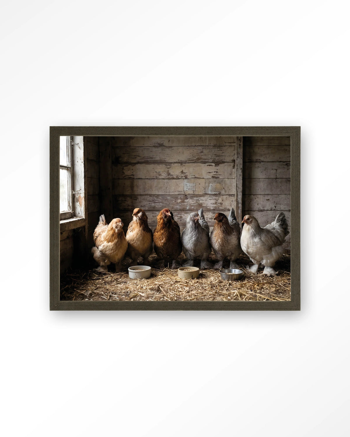 The Chicken Barn – kippen in schuur – Art print – Hout donkerbruin
