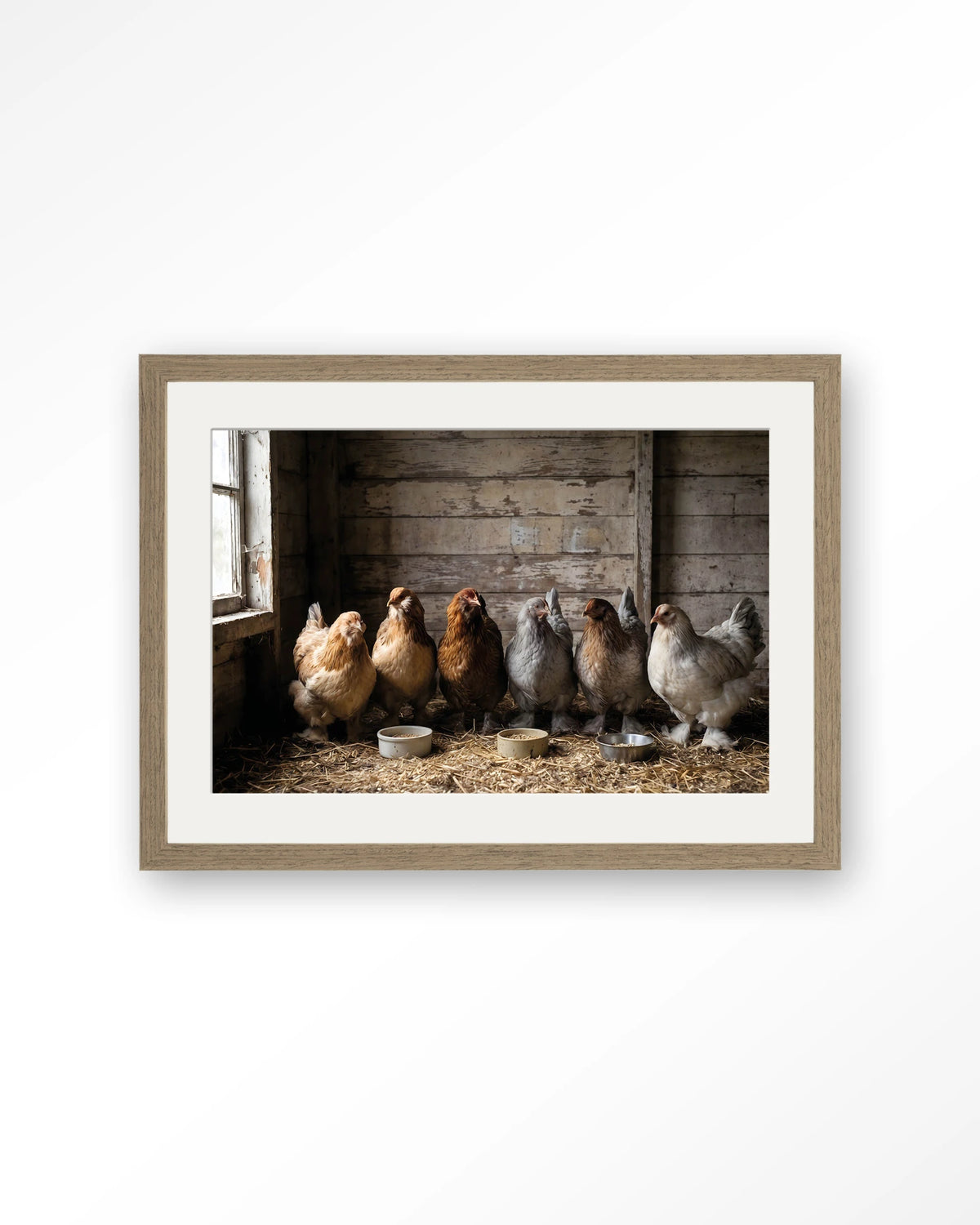 The Chicken Barn – kippen in schuur – Art print – Hout bruin + passe-partout