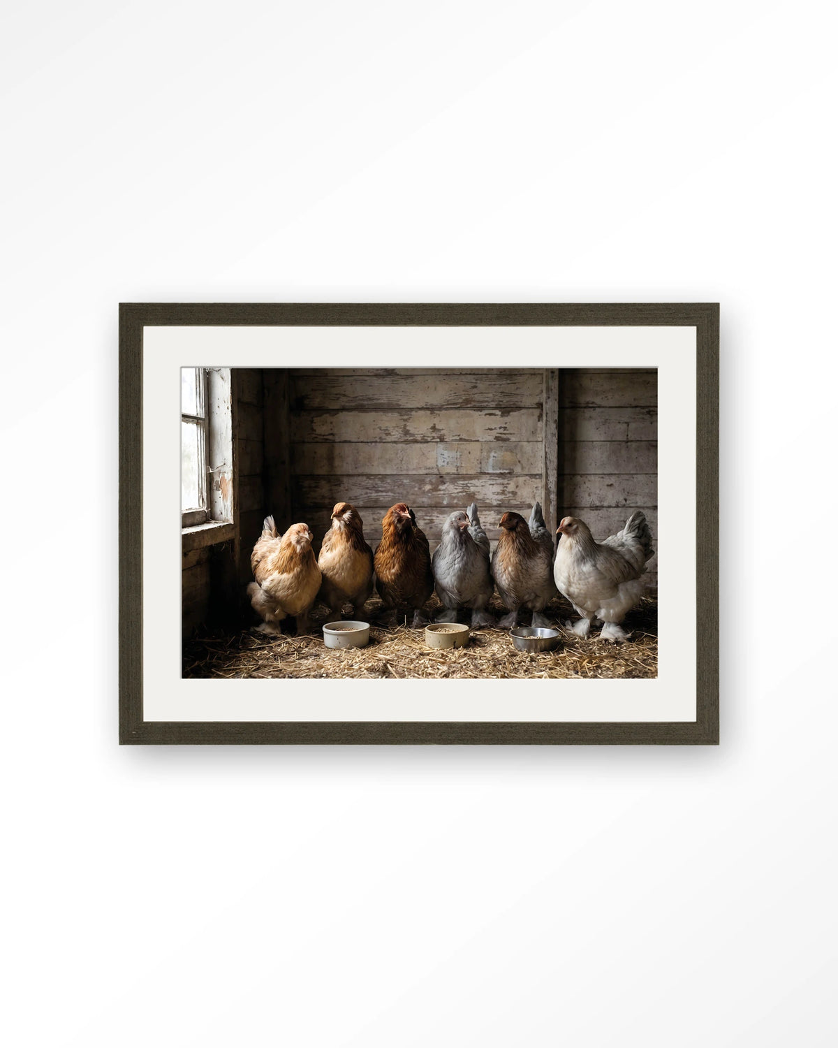 The Chicken Barn – kippen in schuur – Art print – Hout donkerbruin + passe-partout