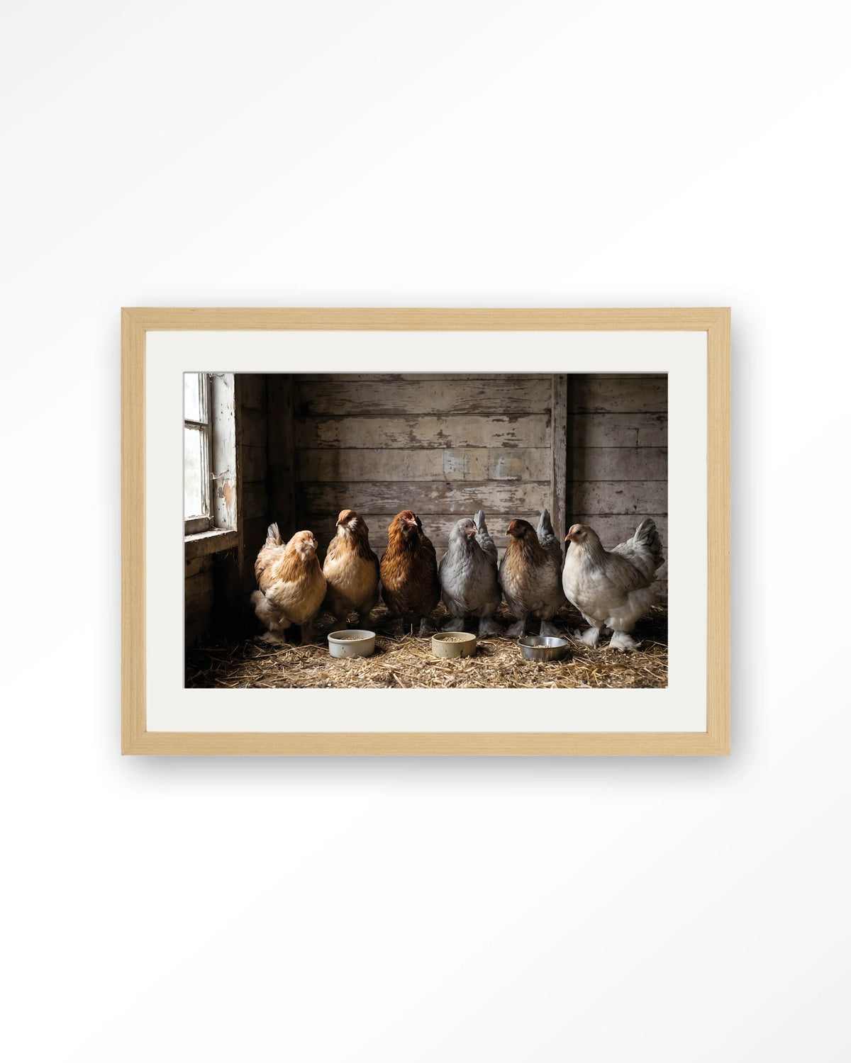 The Chicken Barn – kippen in schuur – Art print – Hout naturel + passe-partout