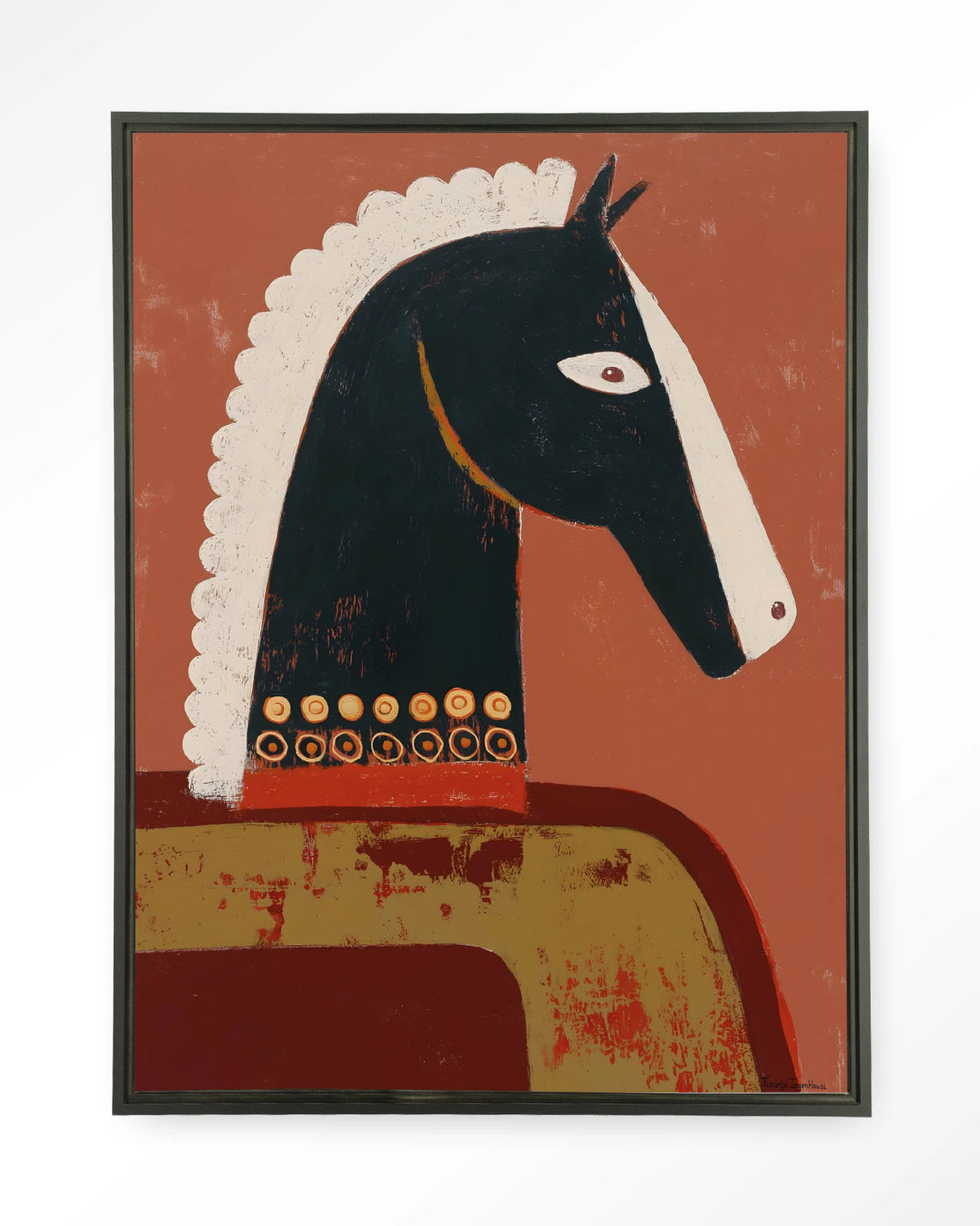 Guardians – paard in terracotta, abstract – Wandkleed – Floating frame – zwart