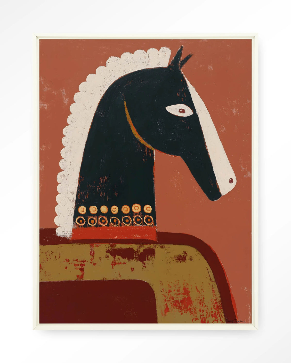 Guardians – paard in terracotta, abstract – Wandkleed – Floating frame – wit
