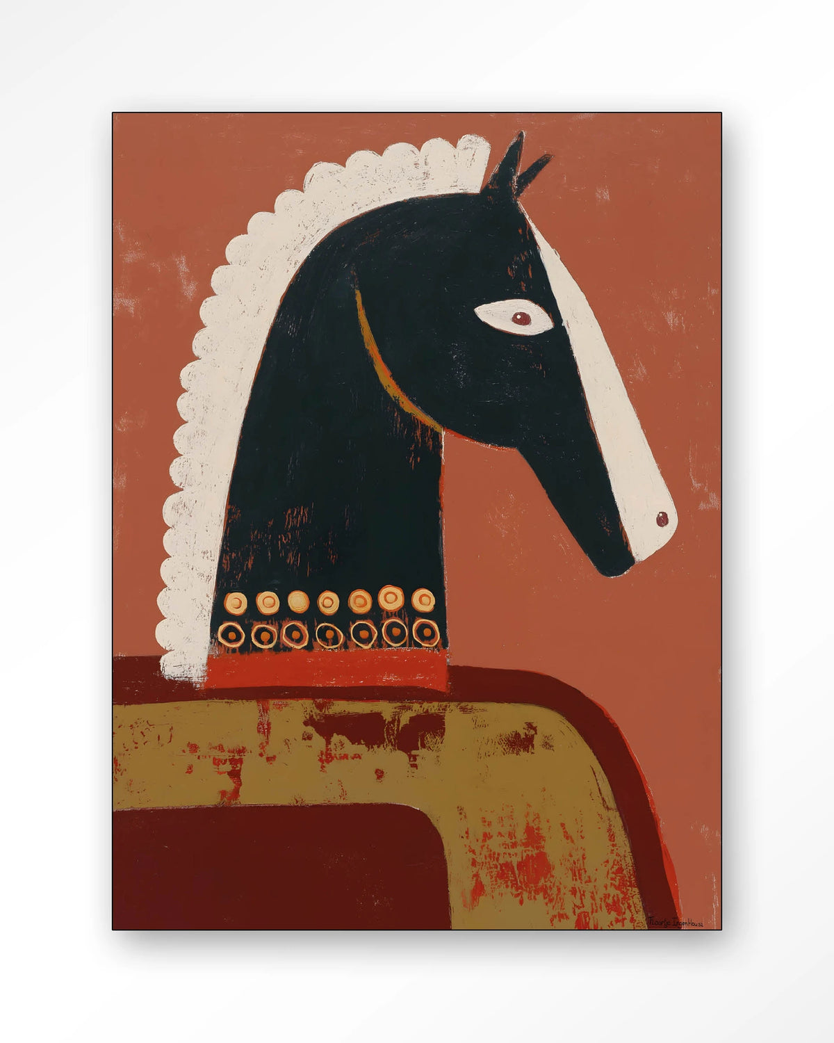 Guardians – paard in terracotta, abstract – Wandkleed – Frame – zwart