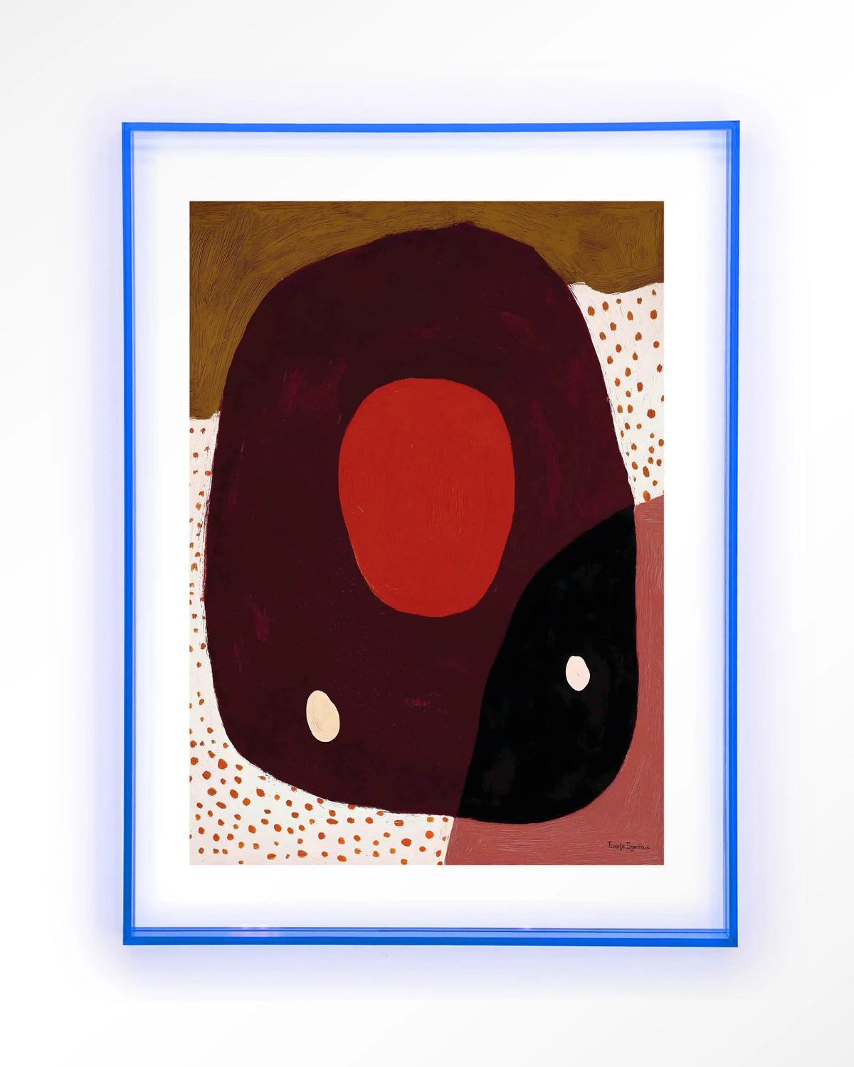 Play – abstract in rood en zwart met stippen – Art print – Acryl lichtblauw
