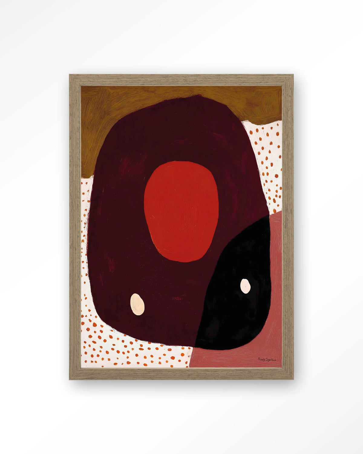 Play – abstract in rood en zwart met stippen – Art print – Hout bruin