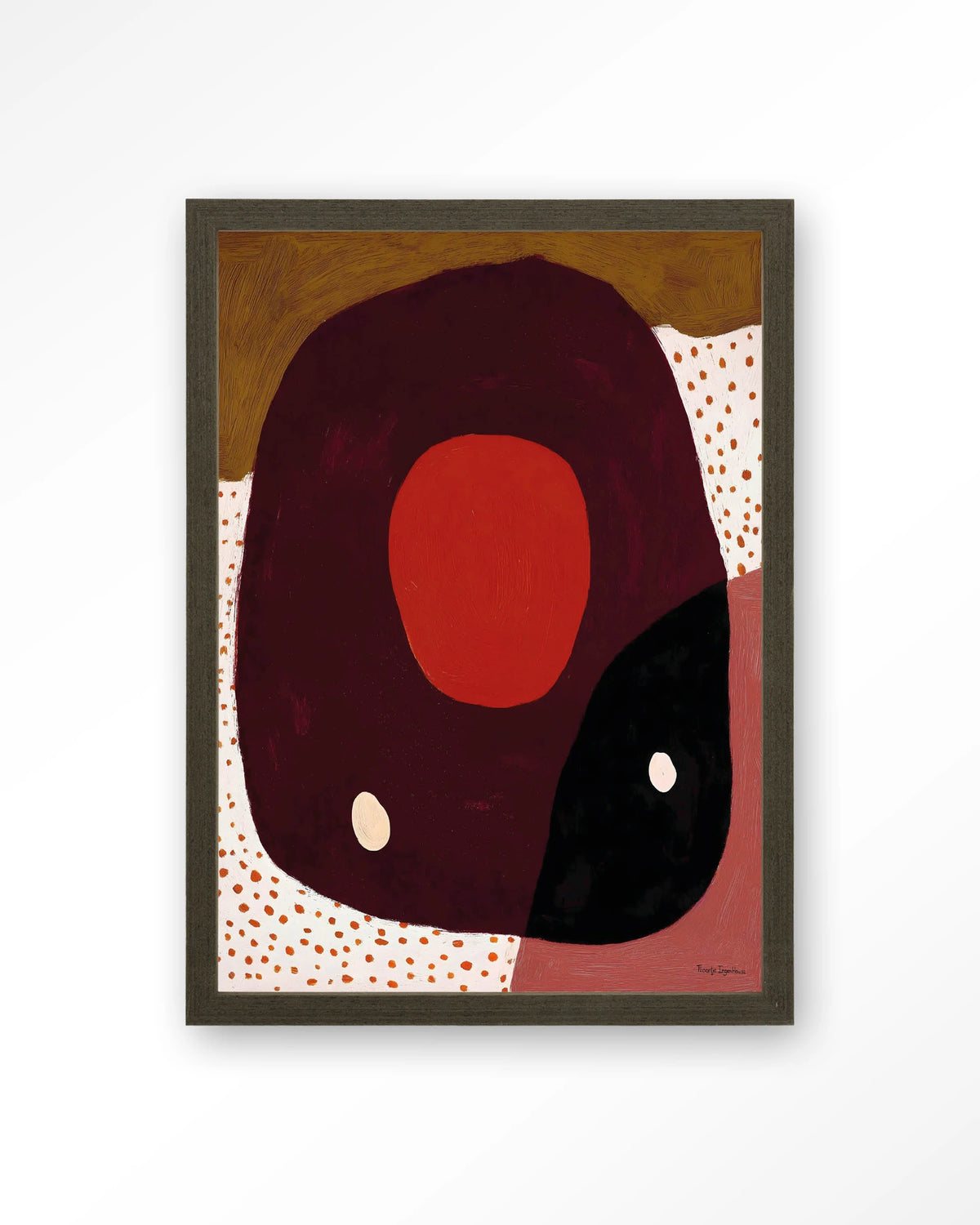 Play – abstract in rood en zwart met stippen – Art print – Hout donkerbruin