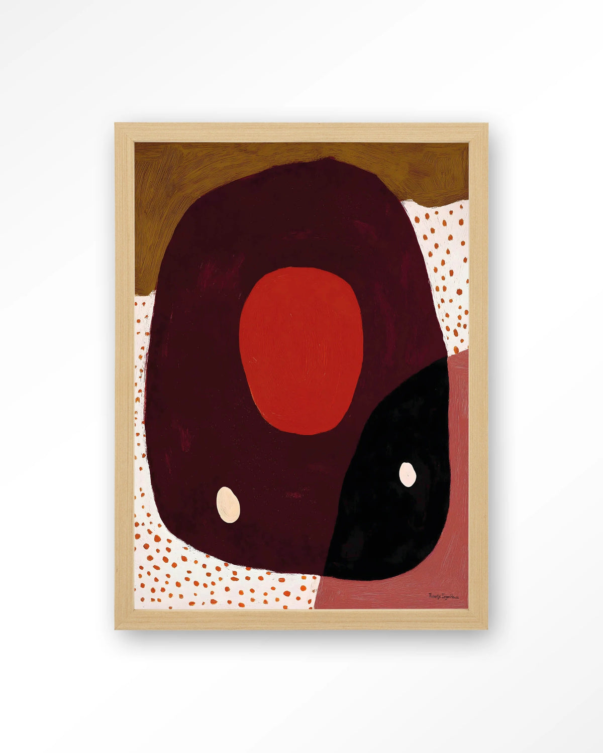 Play – abstract in rood en zwart met stippen – Art print – Hout naturel