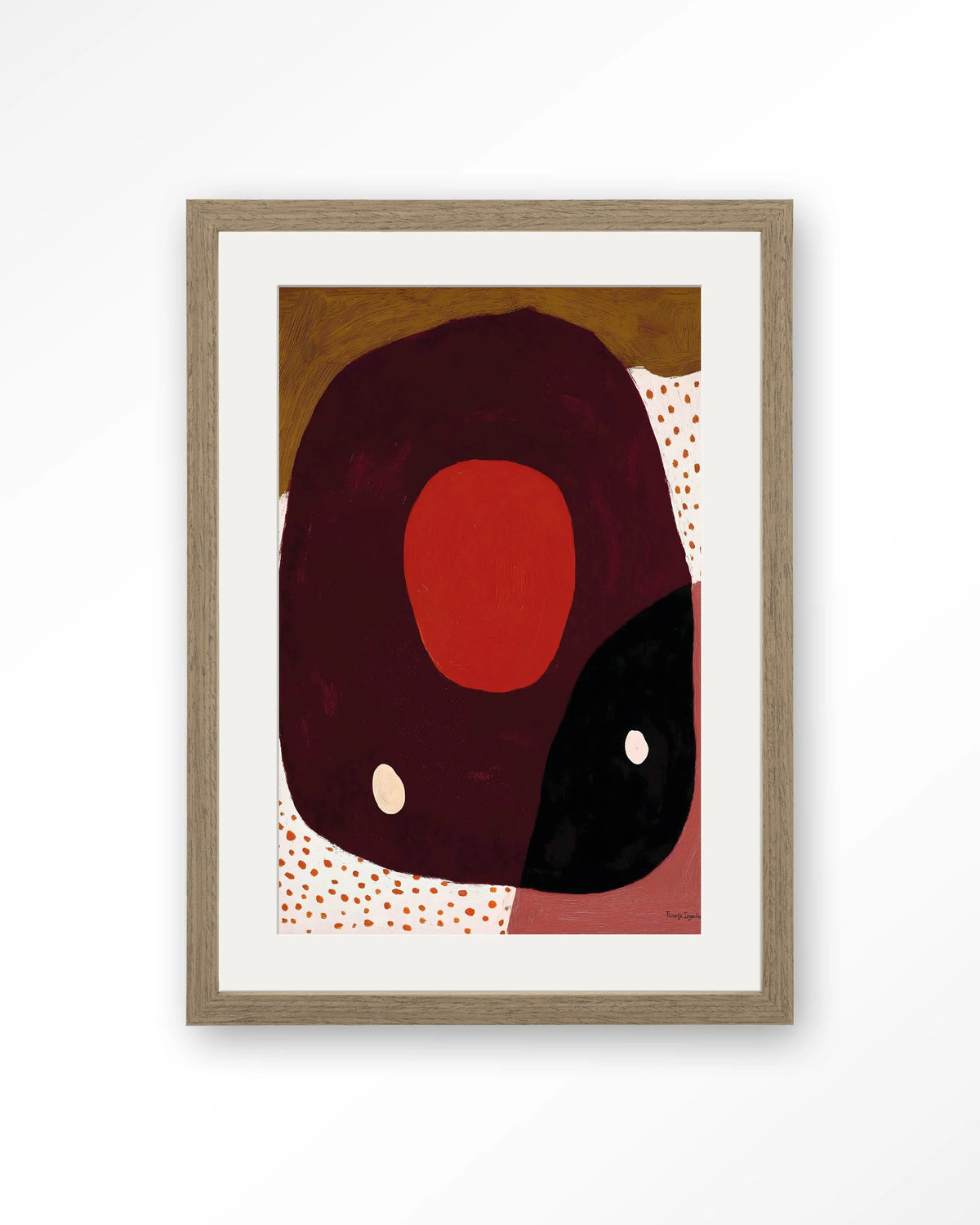 Play – abstract in rood en zwart met stippen – Art print – Hout bruin + passe-partout