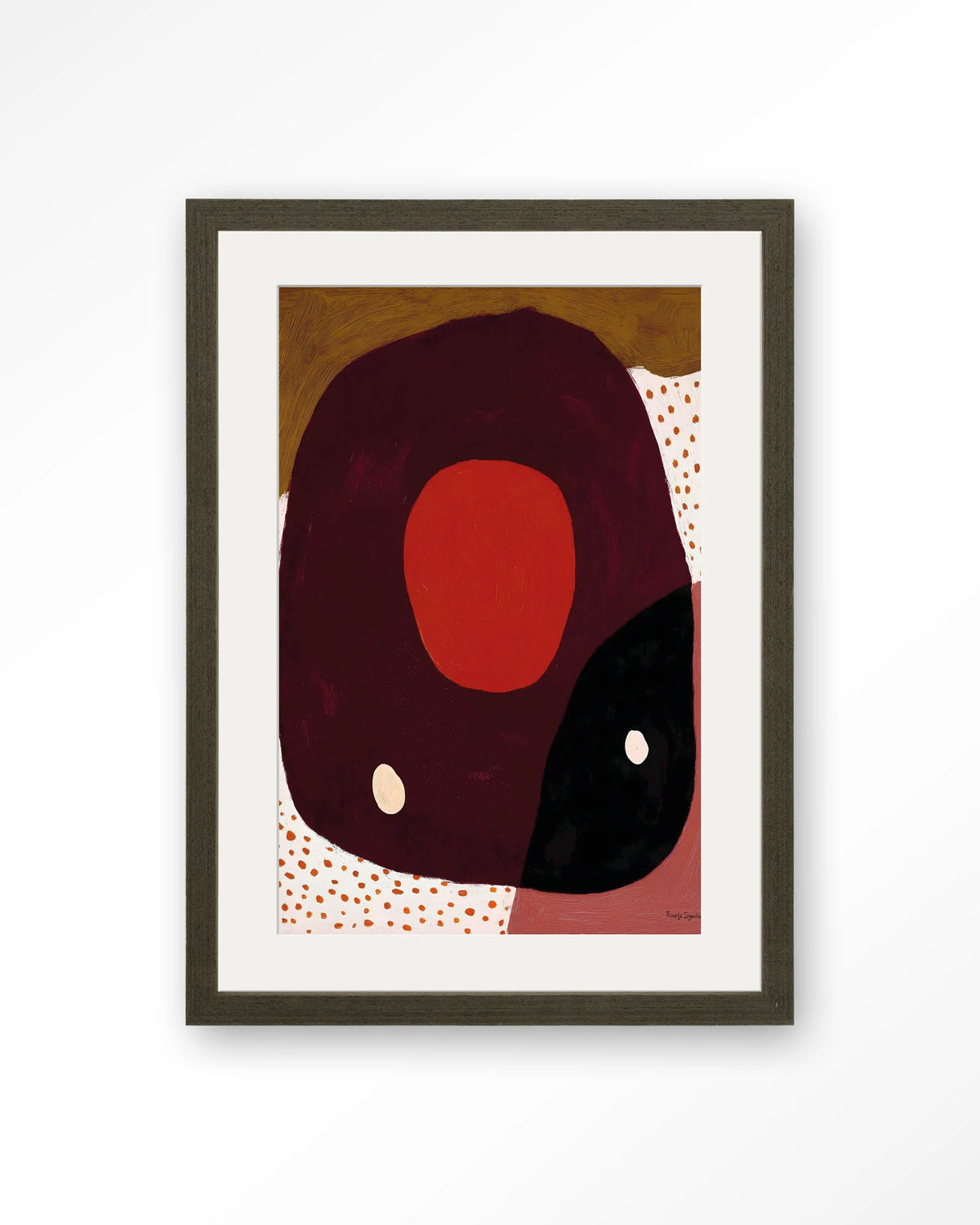 Play – abstract in rood en zwart met stippen – Art print – Hout donkerbruin + passe-partout
