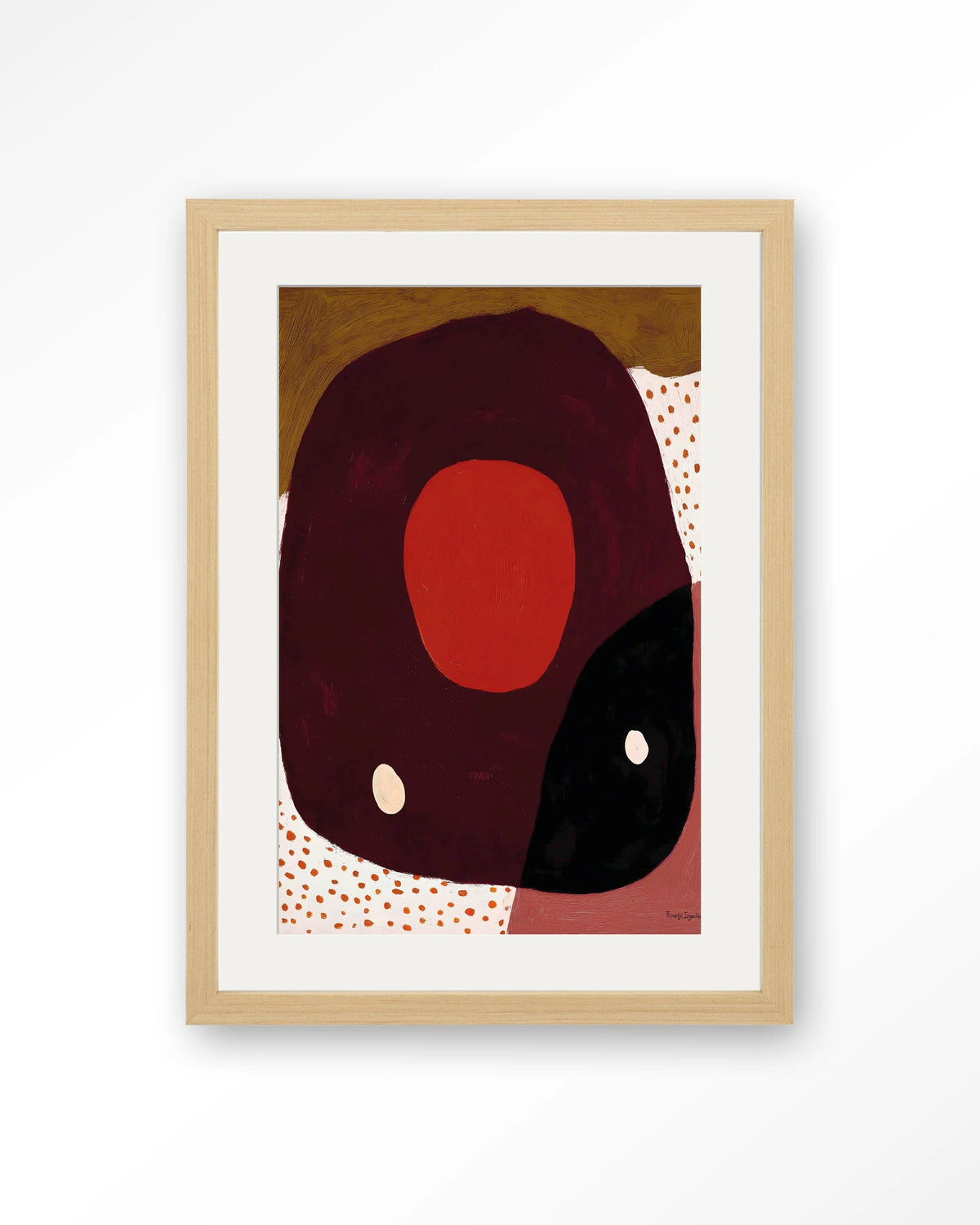 Play – abstract in rood en zwart met stippen – Art print – Hout naturel + passe-partout
