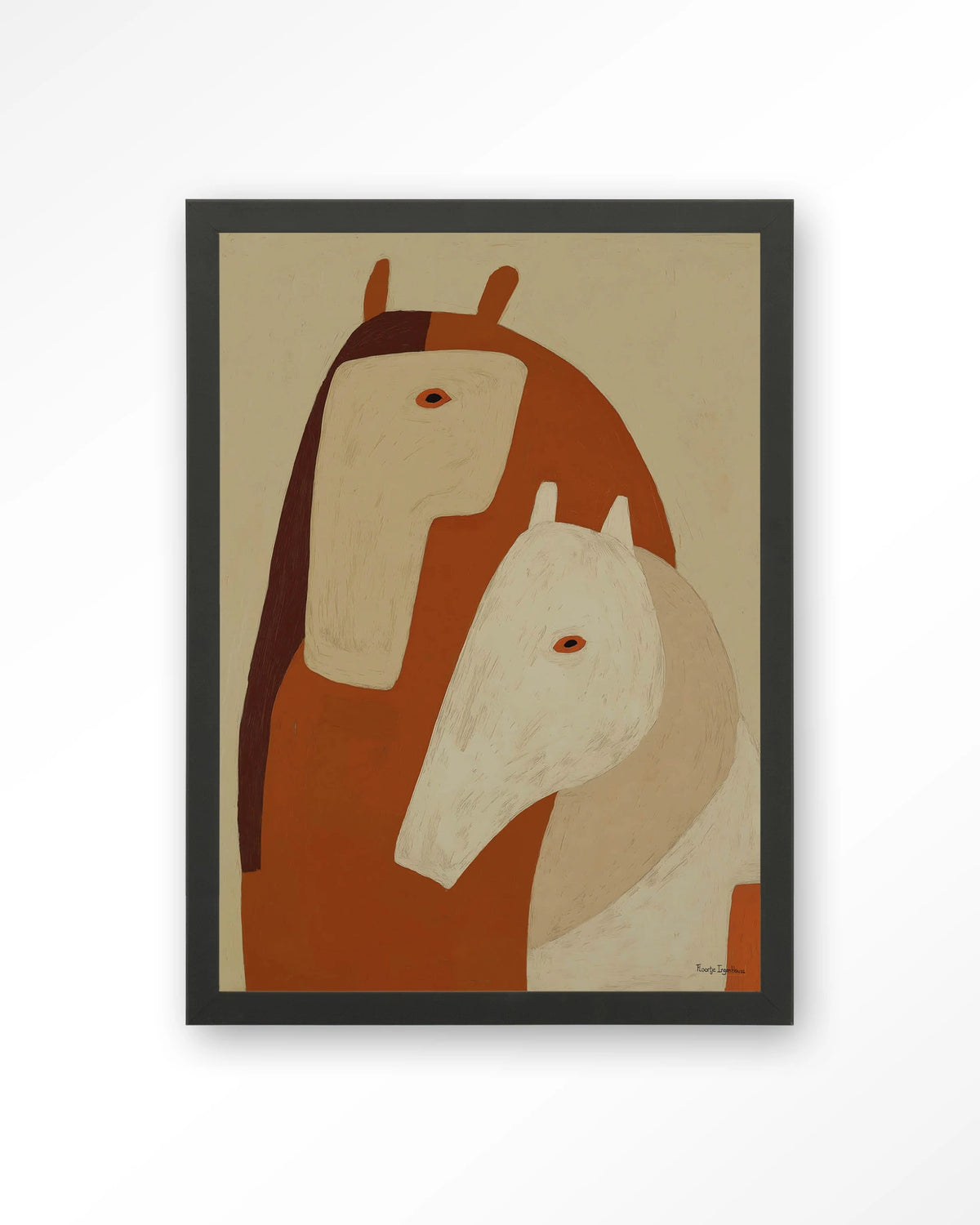 Held By Her – twee paarden in aardetinten – Art print – Hout zwart