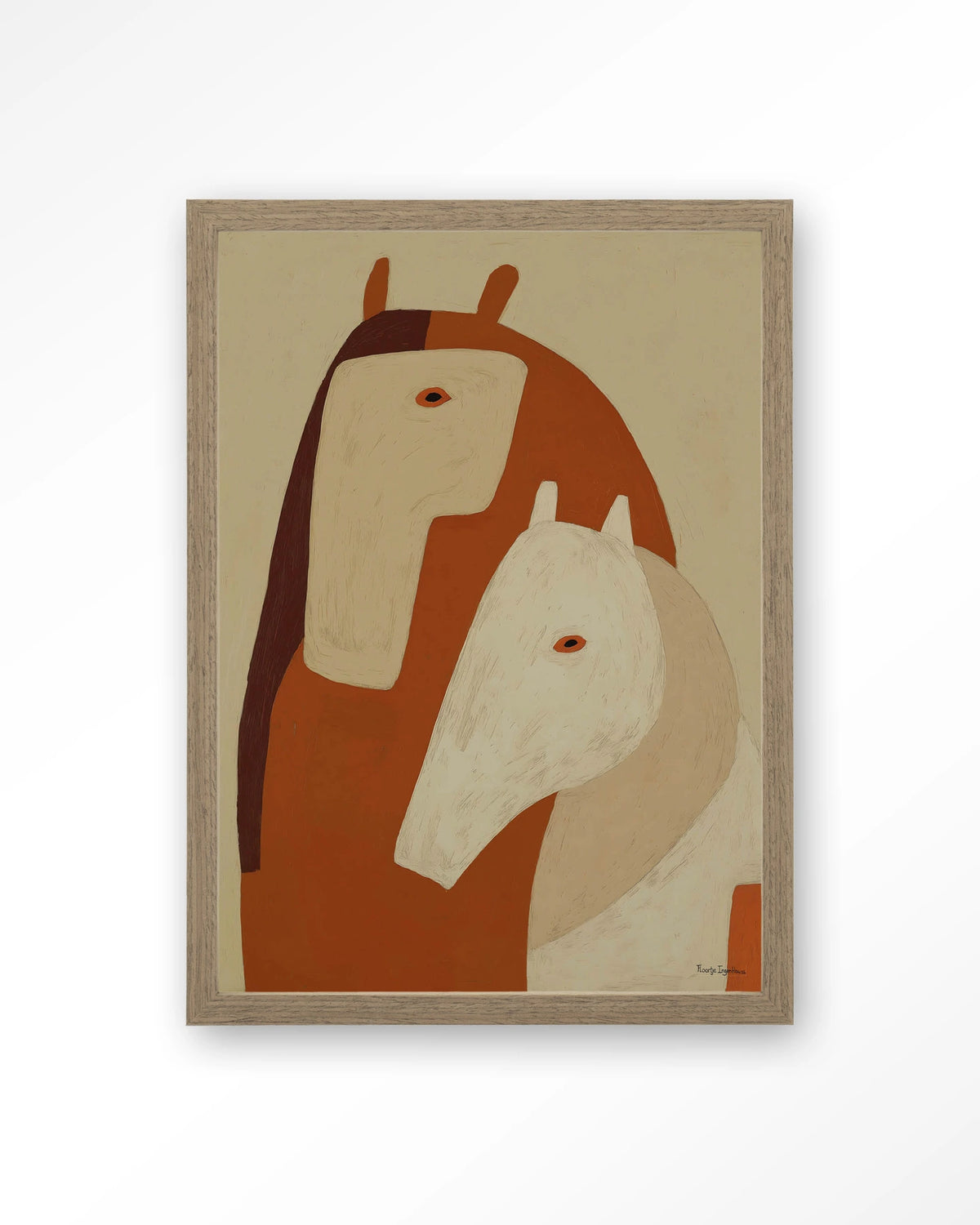 Held By Her – twee paarden in aardetinten – Art print – Hout bruin