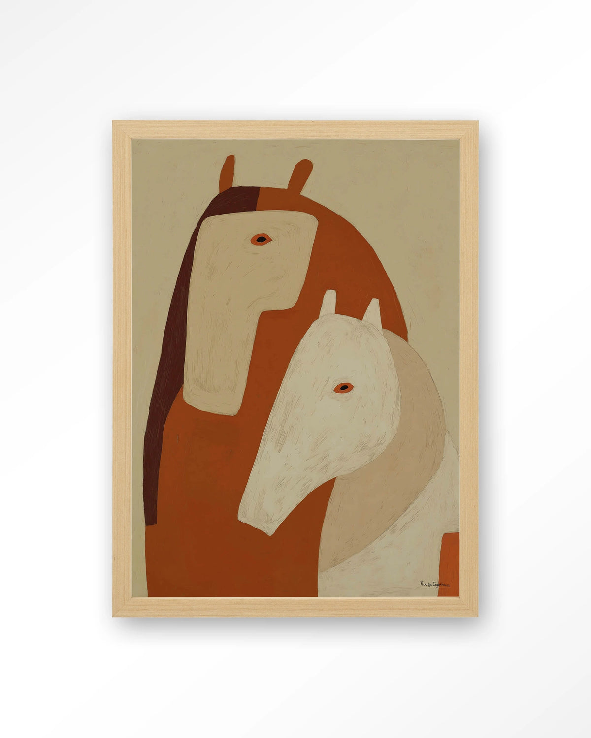 Held By Her – twee paarden in aardetinten – Art print – Hout naturel
