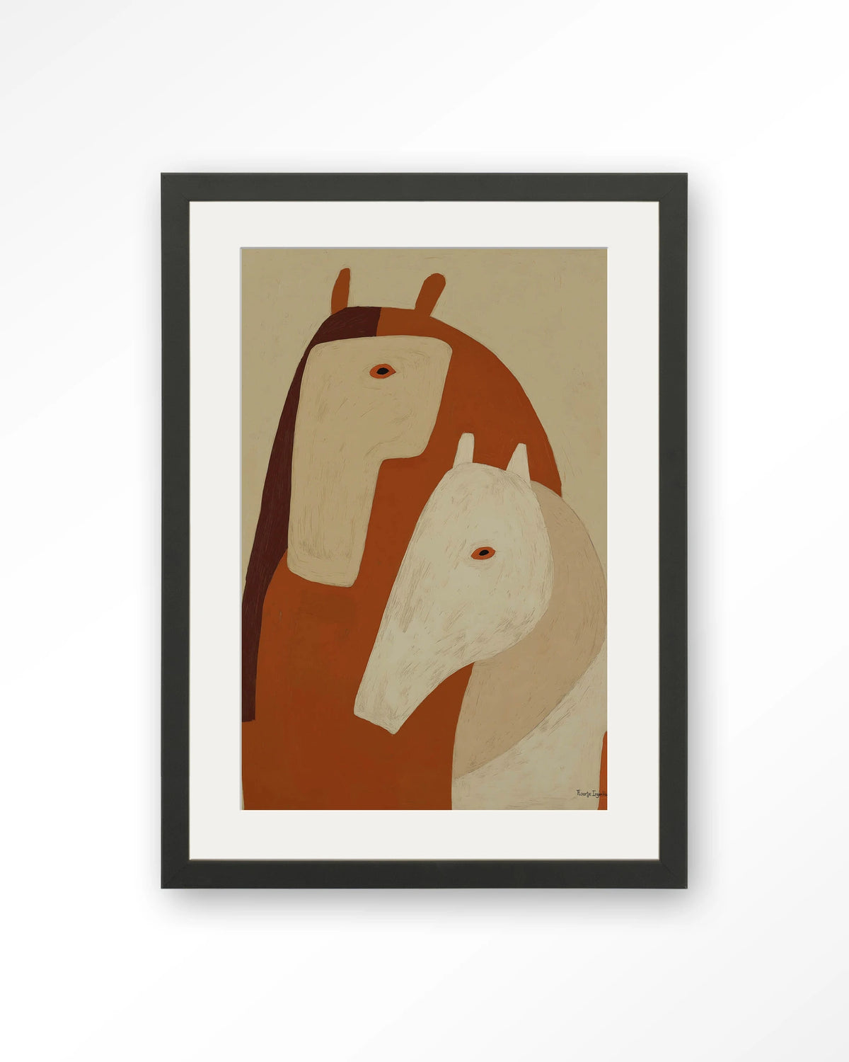 Held By Her – twee paarden in aardetinten – Art print – Hout zwart + passe-partout