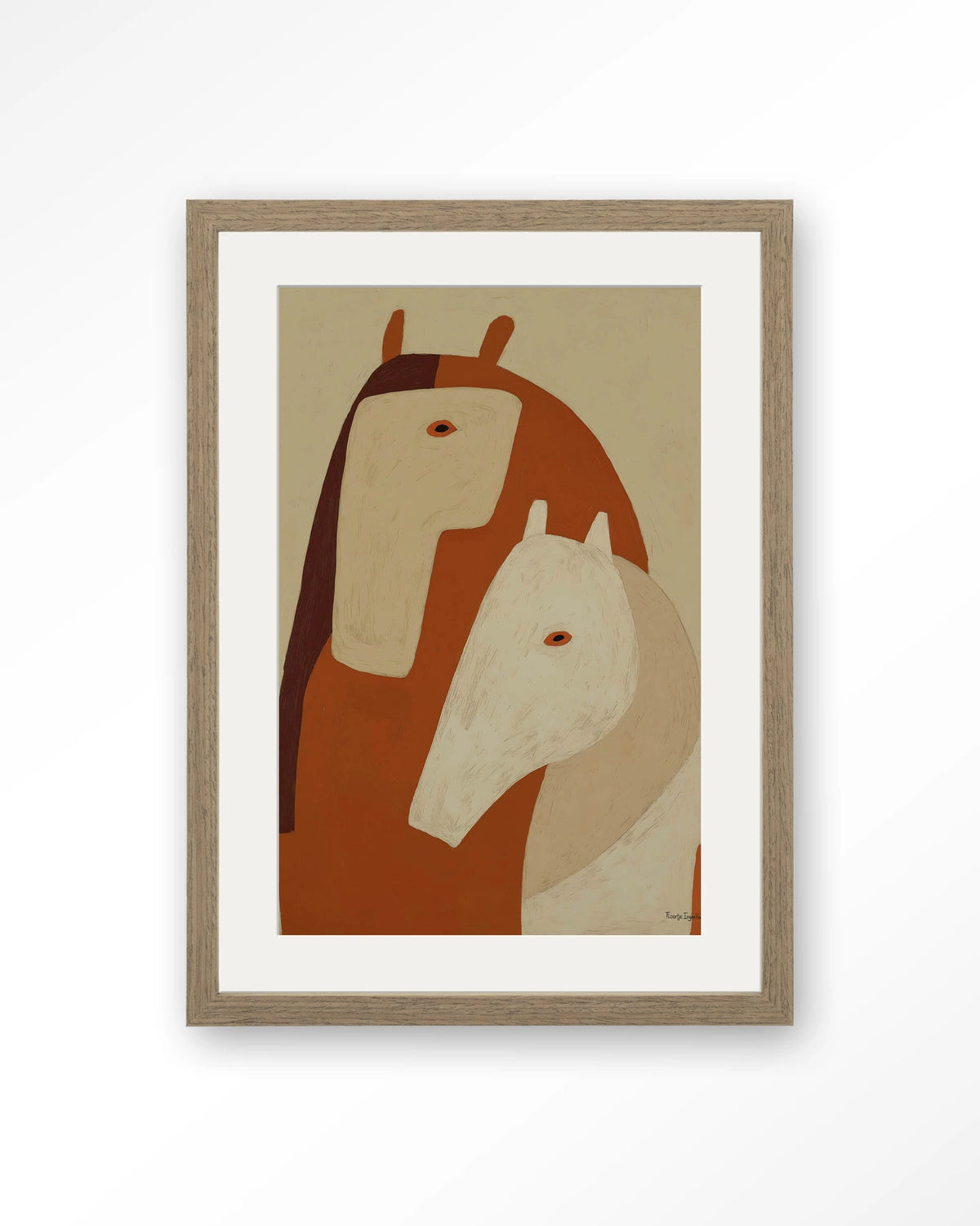Held By Her – twee paarden in aardetinten – Art print – Hout bruin + passe-partout