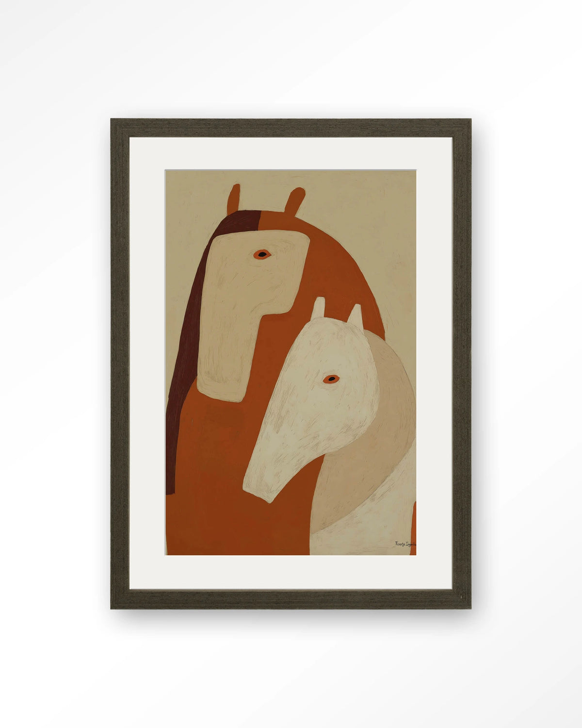 Held By Her – twee paarden in aardetinten – Art print – Hout donkerbruin + passe-partout